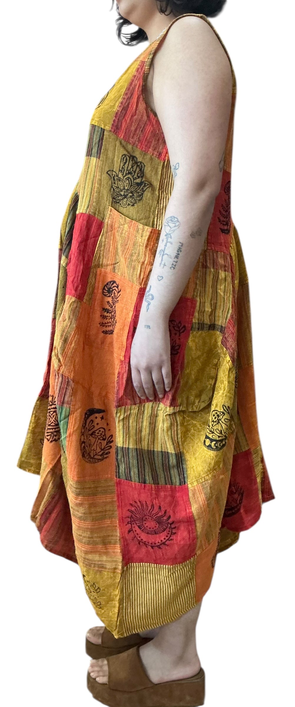 Orange Patchwork Cotton Parachute Dress with Pockets by Creative Design – Handmade ethical Dress from sariKNOTsari using upcycled silk. Designed in Canada for travel and slow fashion, loved from Toronto to LA to Sydney. Featuring Zsiska, Bryn Walker and Artisan Leather coats by Rejean Pepin, Pepin designs