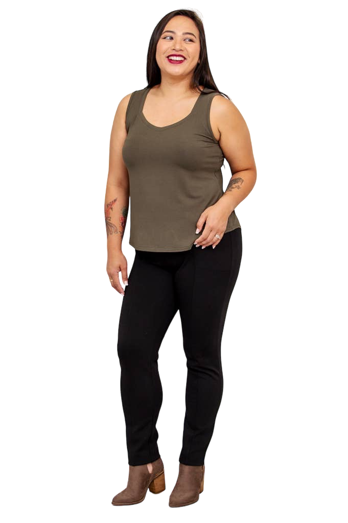 Khaki Bamboo Ritzy Tank by Blue Sky Clothing Co – Handmade ethical Tank Top from sariKNOTsari using upcycled silk. Designed in Canada for travel and slow fashion, loved from Toronto to LA to Sydney. Featuring Zsiska, Bryn Walker and Artisan Leather coats by Rejean Pepin, Pepin designs