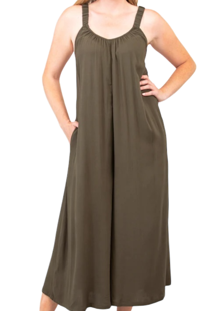 Joanna Khaki Linen Bamboo Jumpsuit by Blue Sky Clothing Co – Handmade ethical Jumpsuit from sariKNOTsari using upcycled silk. Designed in Canada for travel and slow fashion, loved from Toronto to LA to Sydney. Featuring Zsiska, Bryn Walker and Artisan Leather coats by Rejean Pepin, Pepin designs