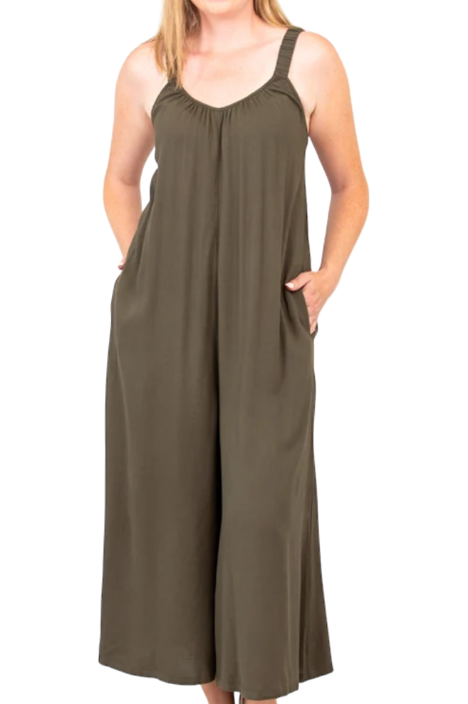 Joanna Khaki Linen Bamboo Jumpsuit by Blue Sky Clothing Co – Handmade ethical Jumpsuit from sariKNOTsari using upcycled silk. Designed in Canada for travel and slow fashion, loved from Toronto to LA to Sydney. Featuring Zsiska, Bryn Walker and Artisan Leather coats by Rejean Pepin, Pepin designs
