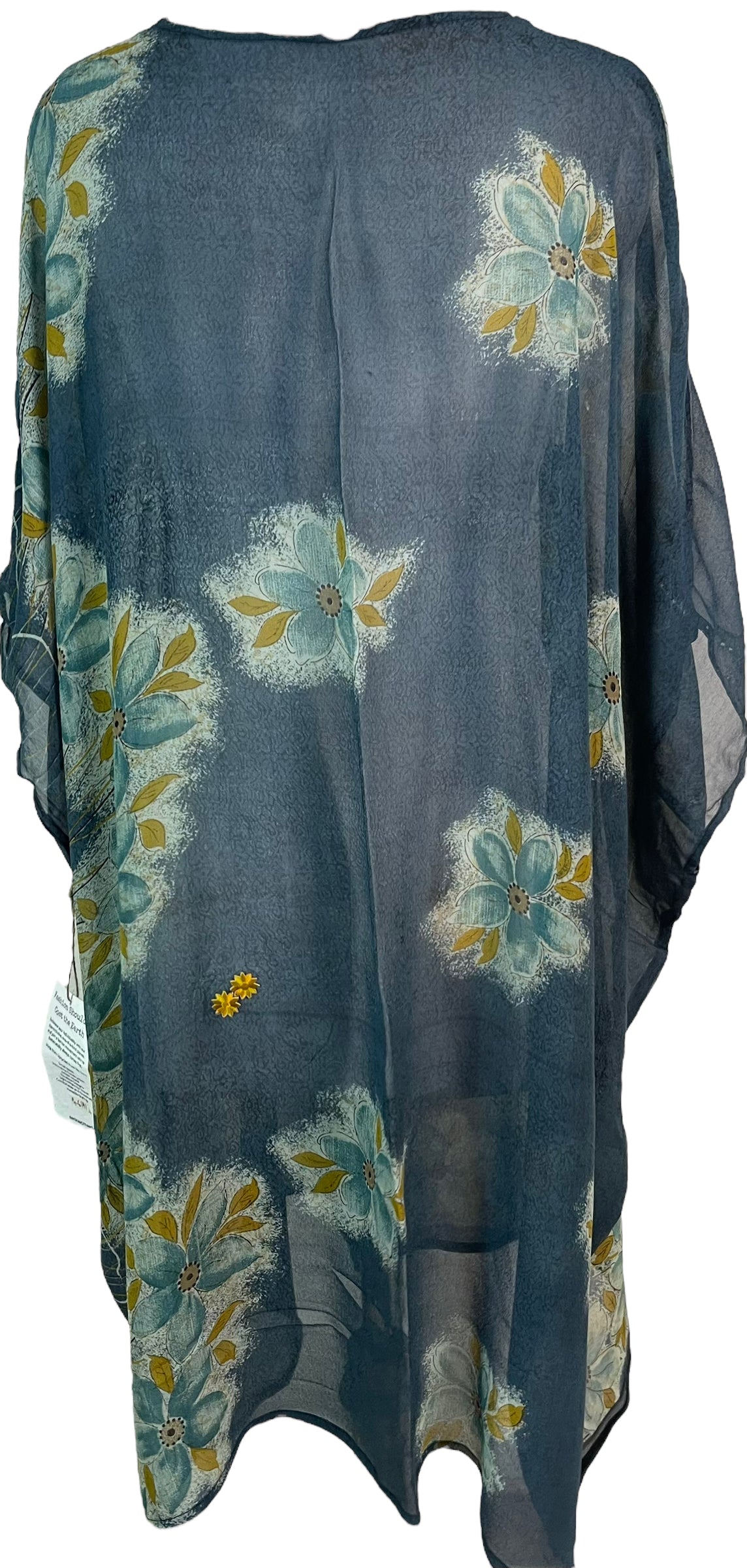 PRG6141 Sheer Avatar Pure Silk Midi Length Kaftan by sariKNOTsari – Handmade ethical Midi Length Kaftan from sariKNOTsari using upcycled silk. Designed in Canada for travel and slow fashion, loved from Toronto to LA to Sydney. Featuring Zsiska, Bryn Walker and Artisan Leather coats by Rejean Pepin, Pepin designs