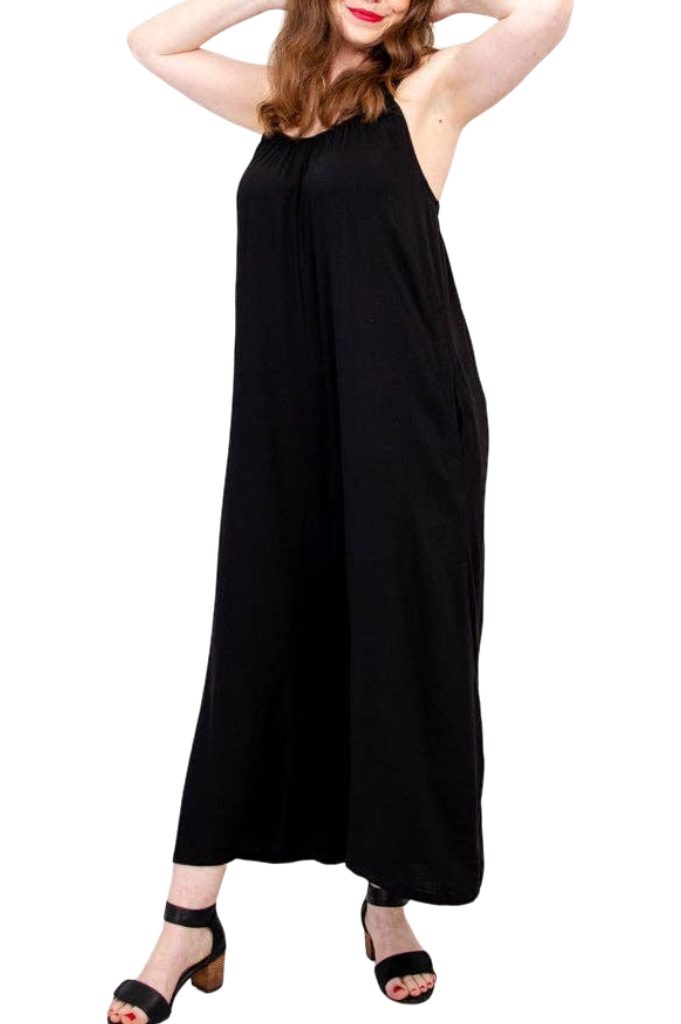 Joanna Black Linen Bamboo Jumpsuit by Blue Sky Clothing Co – Handmade ethical Jumpsuit from sariKNOTsari using upcycled silk. Designed in Canada for travel and slow fashion, loved from Toronto to LA to Sydney.