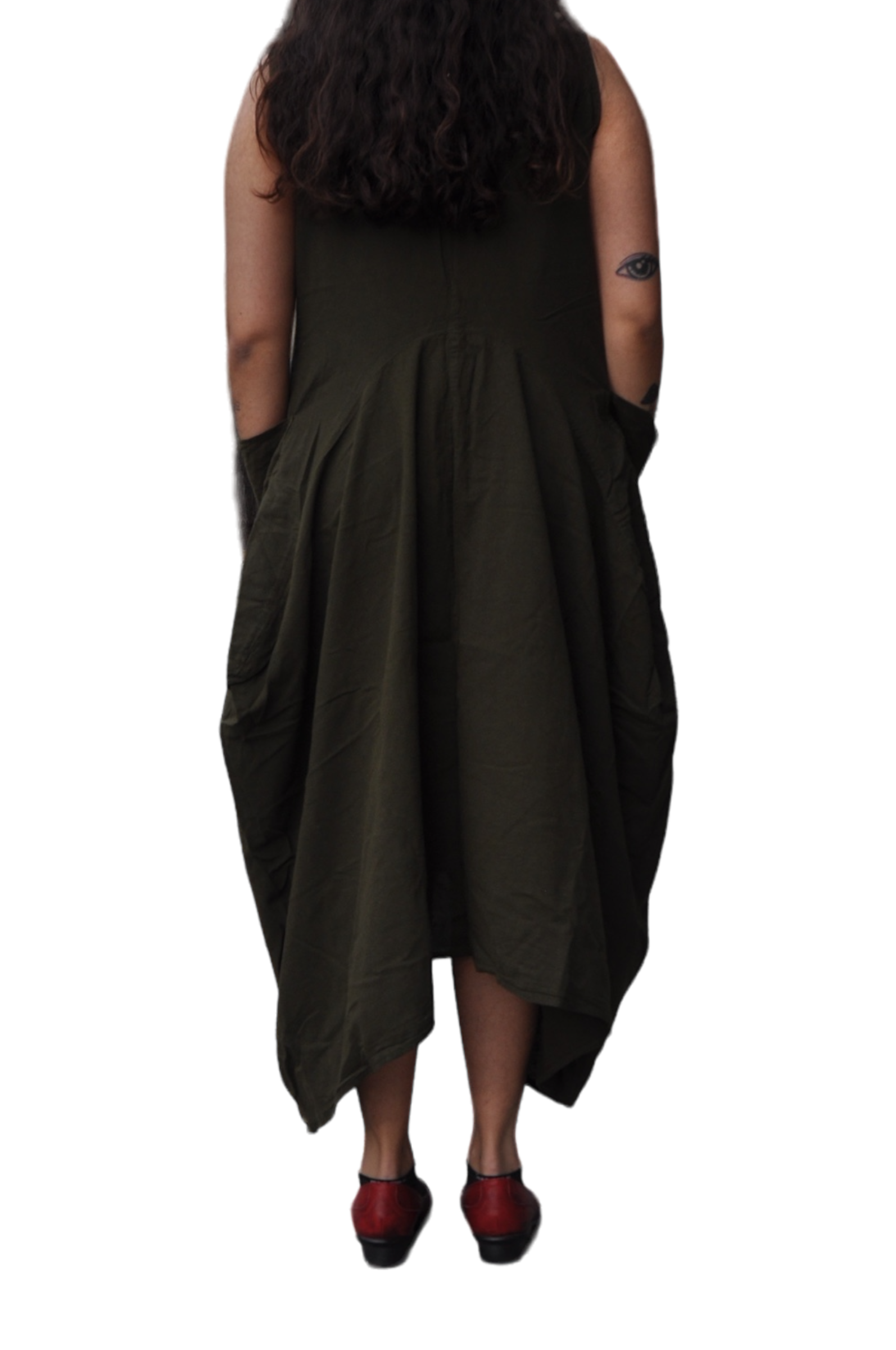 Olive Cotton Parachute Dress with Pockets by Creative Design – Handmade ethical Dress from sariKNOTsari using upcycled silk. Designed in Canada for travel and slow fashion, loved from Toronto to LA to Sydney. Featuring Zsiska, Bryn Walker and Artisan Leather coats by Rejean Pepin, Pepin designs