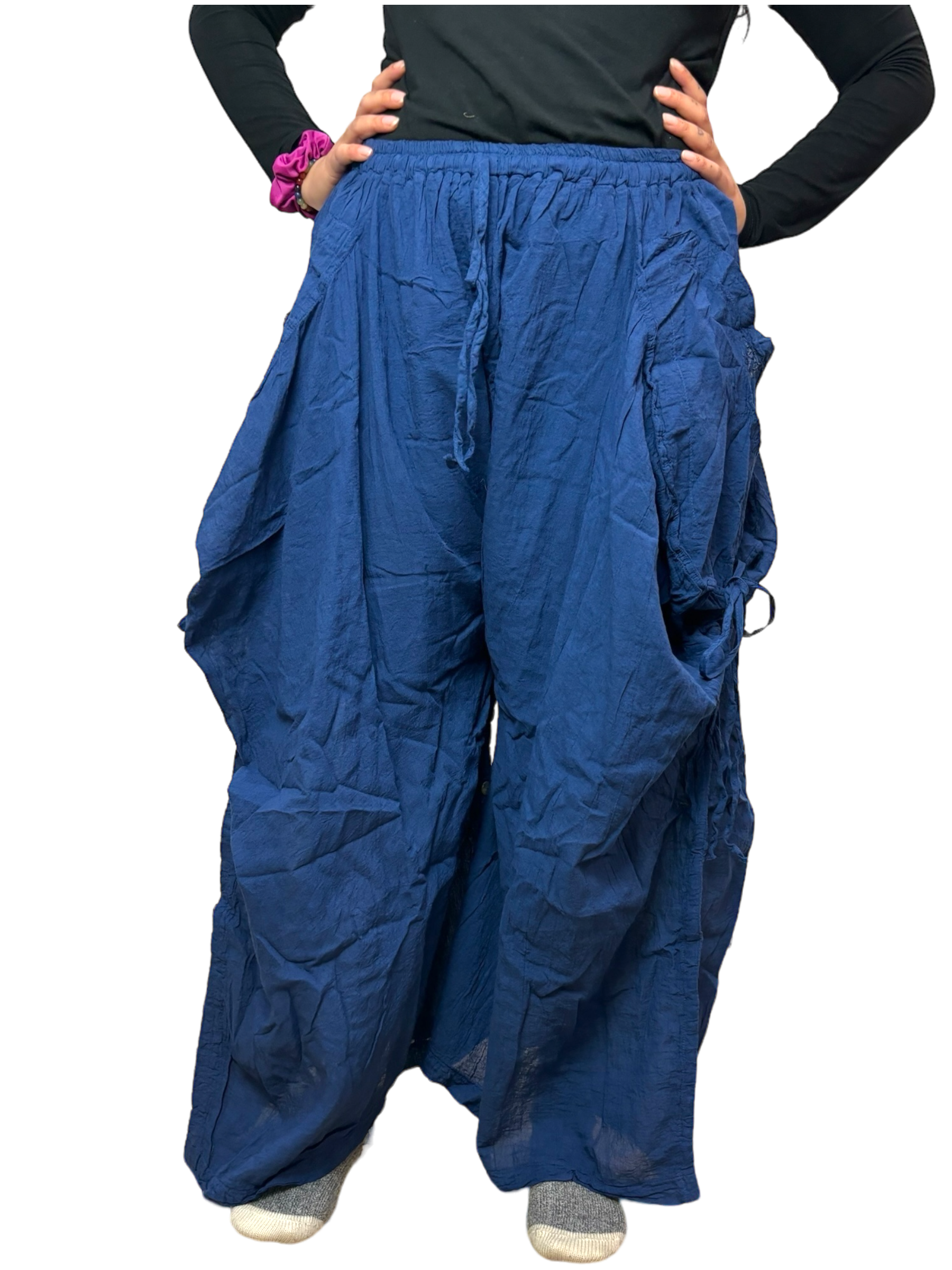 Ocean Blue Cotton Voile Tashi Versatile Pants/Skirt by Creative Design – Handmade ethical Pants/Skirt from sariKNOTsari using upcycled silk. Designed in Canada for travel and slow fashion, loved from Toronto to LA to Sydney. Featuring Zsiska, Bryn Walker and Artisan Leather coats by Rejean Pepin, Pepin designs