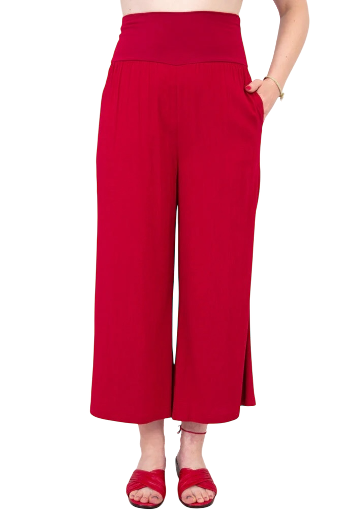 Lipstick Red Bamboo/Linen Landon Capri Pant by Blue Sky Clothing Co – Handmade ethical Capris from sariKNOTsari using upcycled silk. Designed in Canada for travel and slow fashion, loved from Toronto to LA to Sydney.