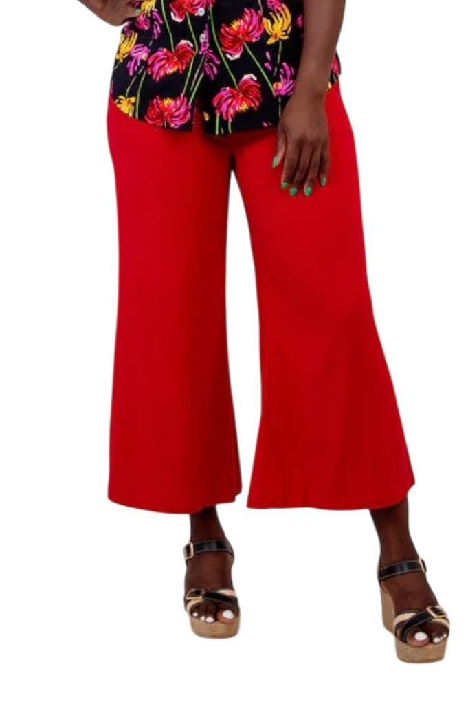 Lipstick Red Bamboo/Linen Landon Capri Pant by Blue Sky Clothing Co – Handmade ethical Capris from sariKNOTsari using upcycled silk. Designed in Canada for travel and slow fashion, loved from Toronto to LA to Sydney.