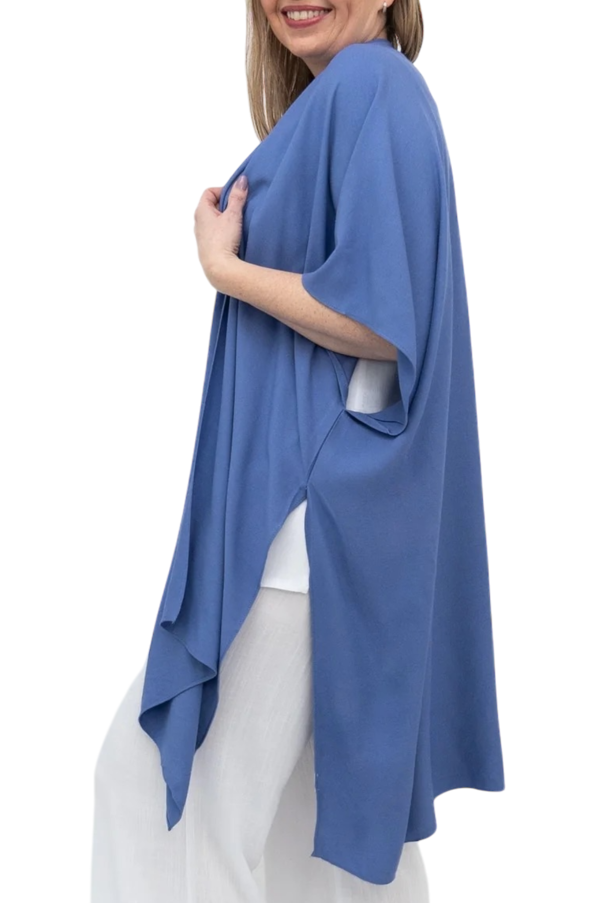 Soft Periwinkle Lightweight Open Darcy Cardigan by Blue Sky Clothing Co – Handmade ethical Topper from sariKNOTsari using upcycled silk. Designed in Canada for travel and slow fashion, loved from Toronto to LA to Sydney. Featuring Zsiska, Bryn Walker and Artisan Leather coats by Rejean Pepin, Pepin designs