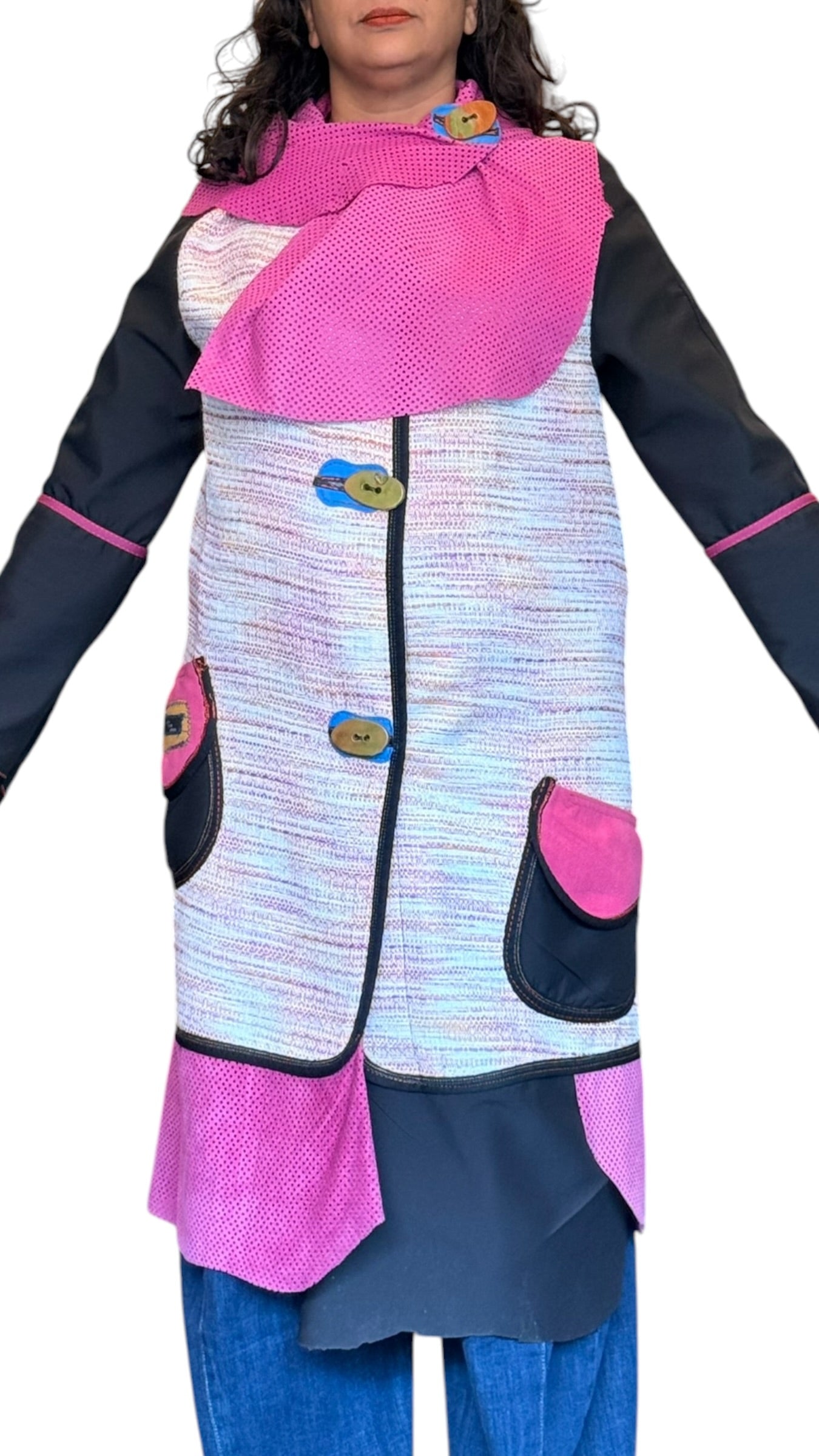 Pink Perforated Suede and Cotton Tweed Coat by Pepin Designs #29