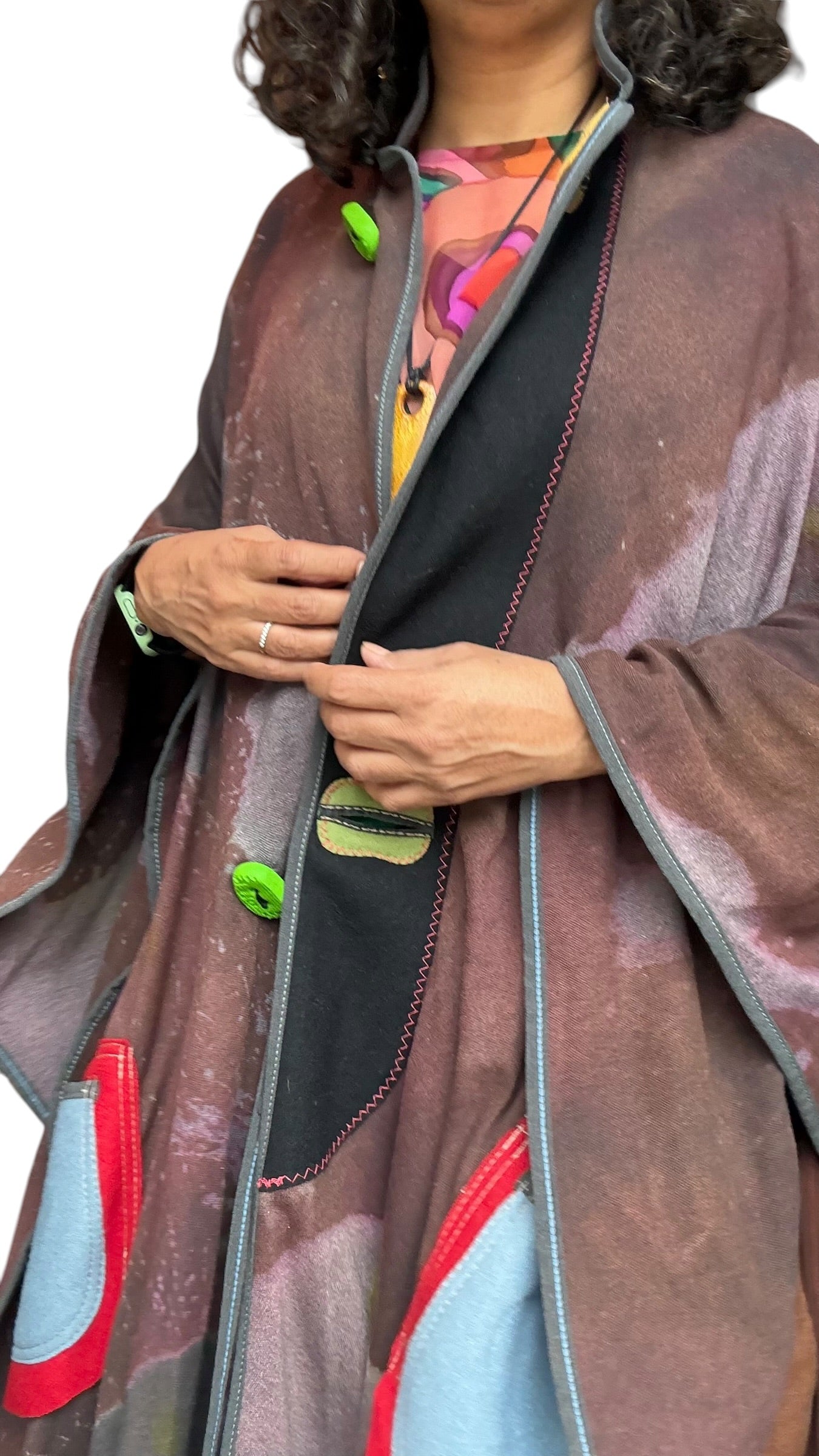 Hand-Dyed Full Length Grey and Brown Cotton Cape with Boiled Wool Detail by Pepin Designs #33