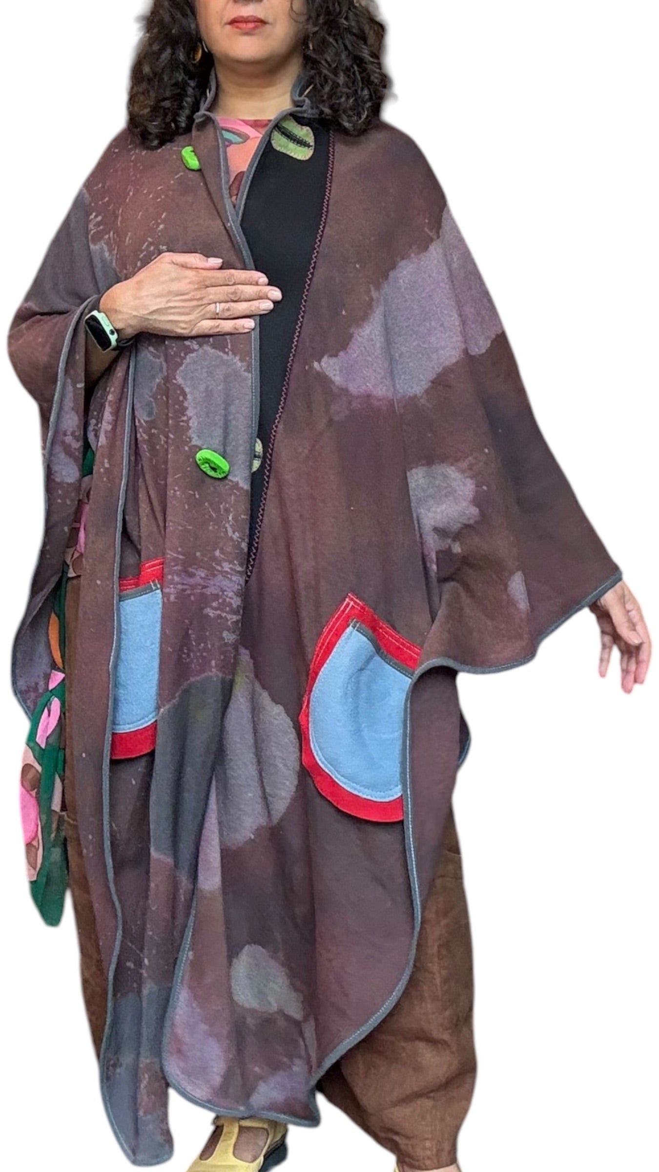 Hand-Dyed Full Length Grey and Brown Cotton Cape with Boiled Wool Detail by Pepin Designs #33
