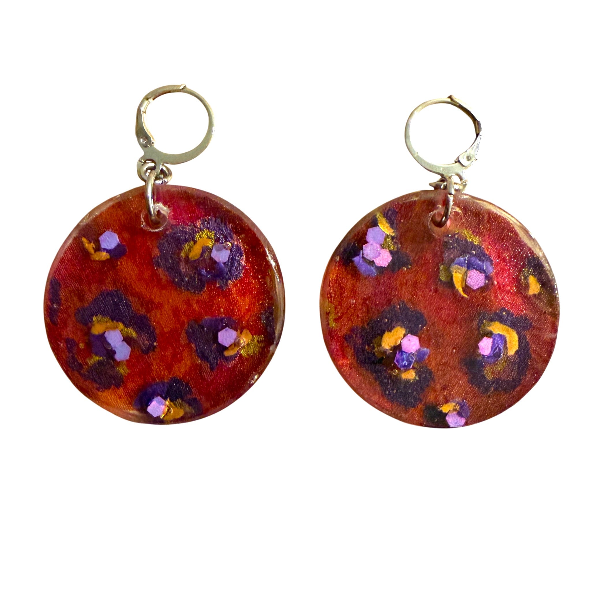 Red and Purple Leopard in Silk Resin Earrings