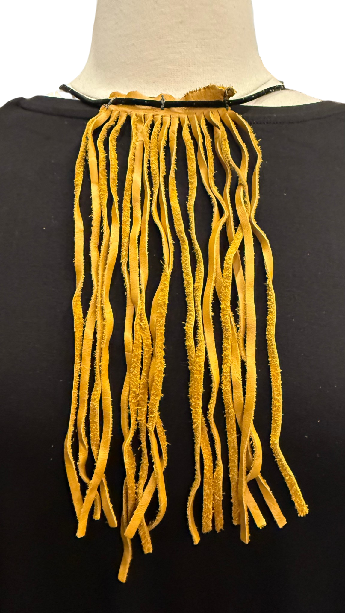 Mustard Leather Fringe Tie 9" Exposed Cord
