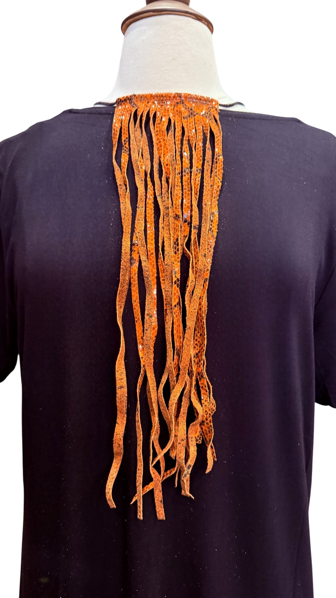 Orange Speckled Patent Leather Fringe Tie 14"
