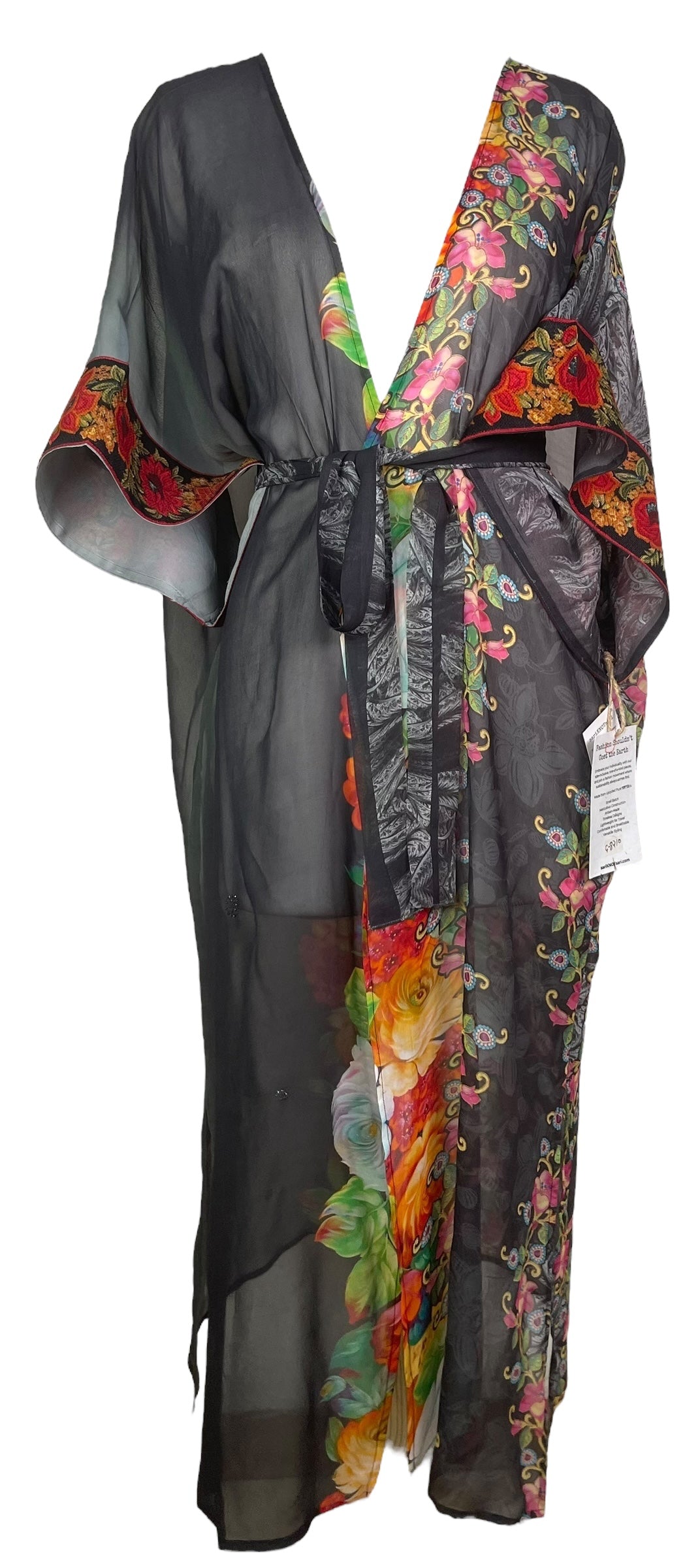 PRG8210 Sheer Avatar Long Pure Silk Kimono Sleeved Duster with Belt