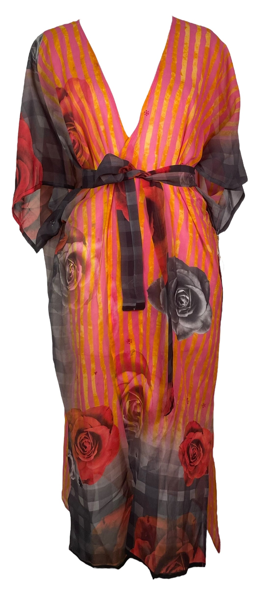 PRG8051 Sheer Avatar Long Pure Silk Kimono Sleeved Duster with Belt