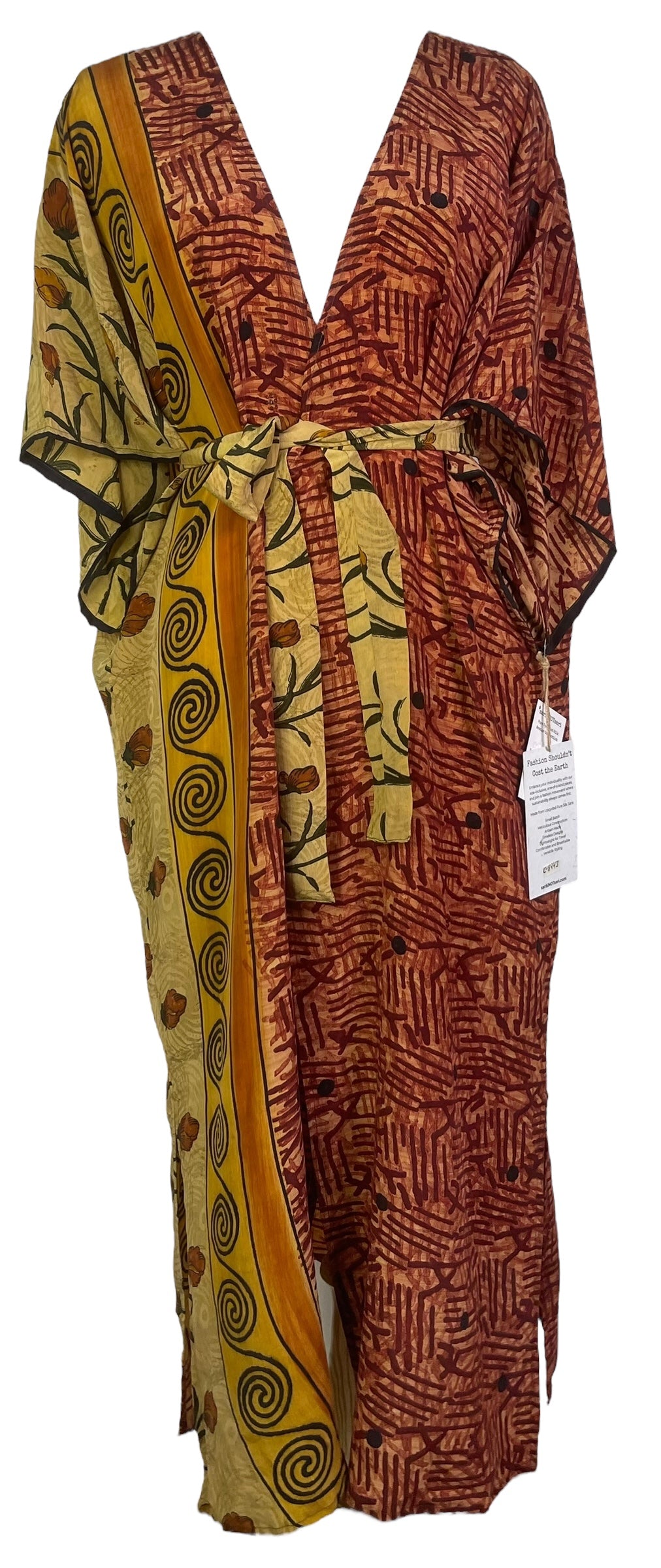 PRC8243 Avatar Long Pure Silk Kimono Sleeved Duster with Belt