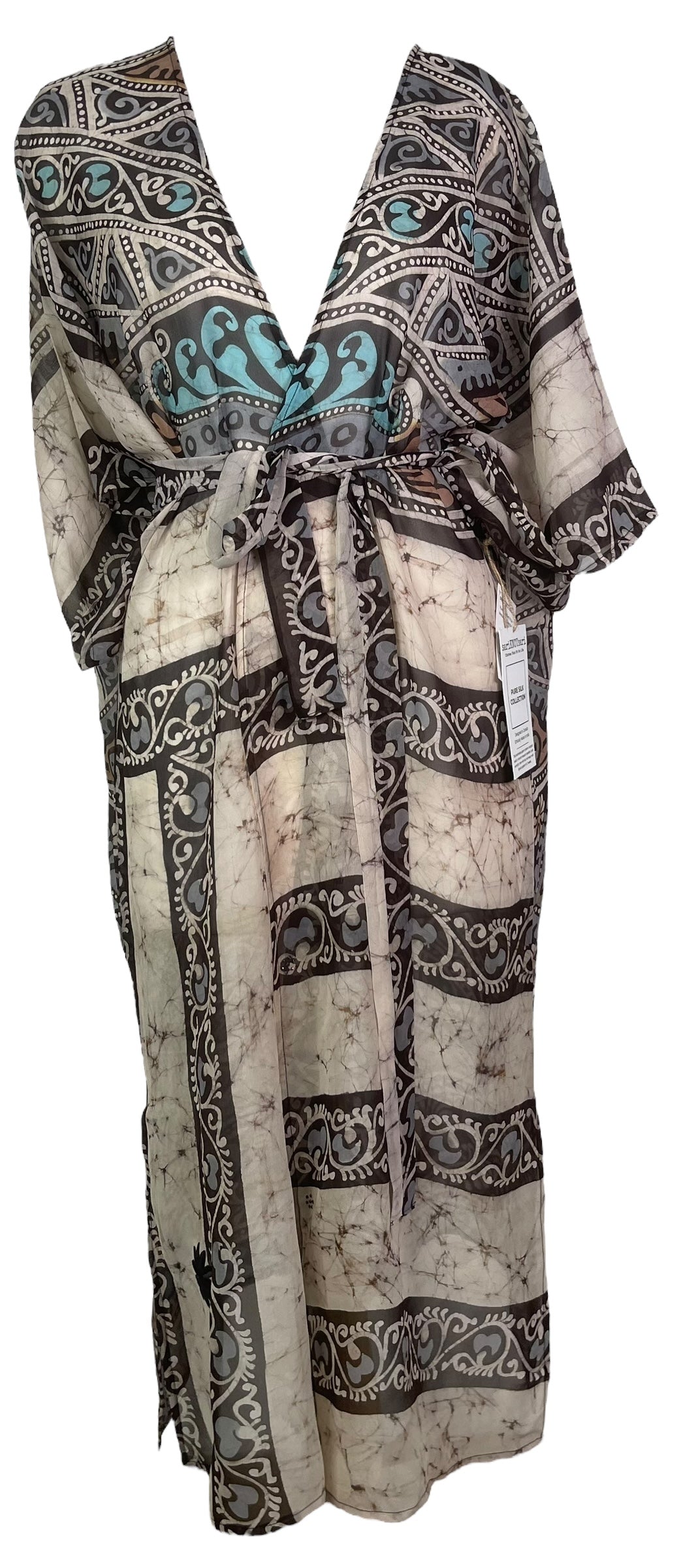 PRG8271 Sheer Avatar Long Pure Silk Kimono Sleeved Duster with Belt