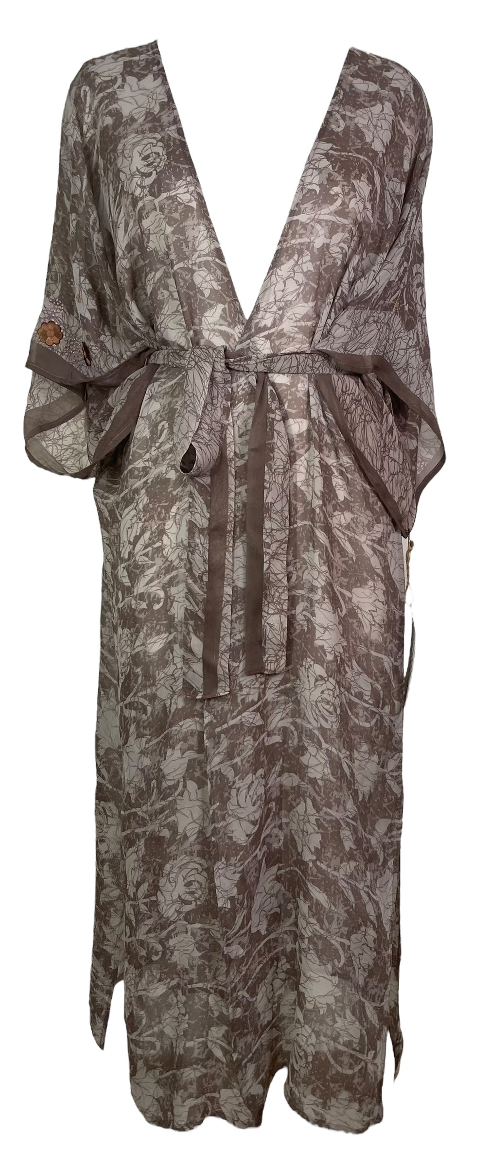 PRG8216 Sheer Avatar Long Pure Silk Kimono Sleeved Duster with Belt