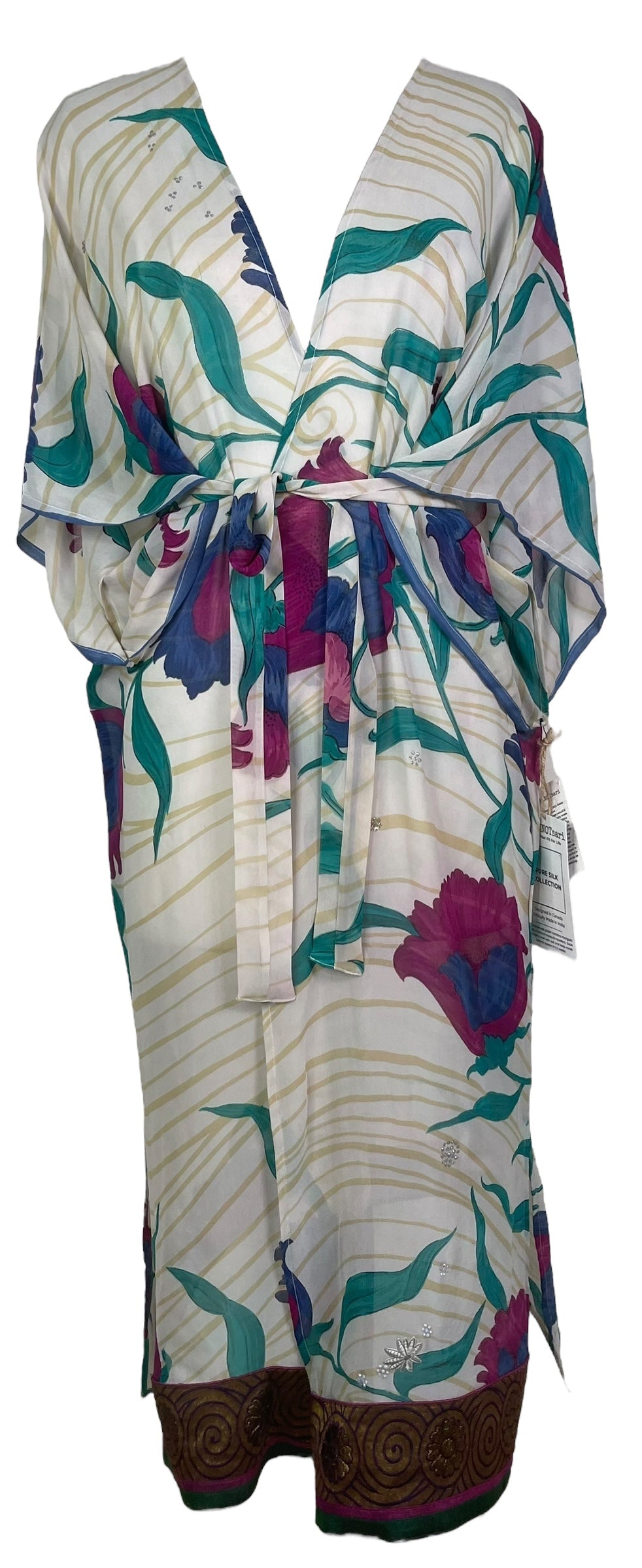 PRG8052 Sheer Avatar Long Pure Silk Kimono Sleeved Duster with Belt