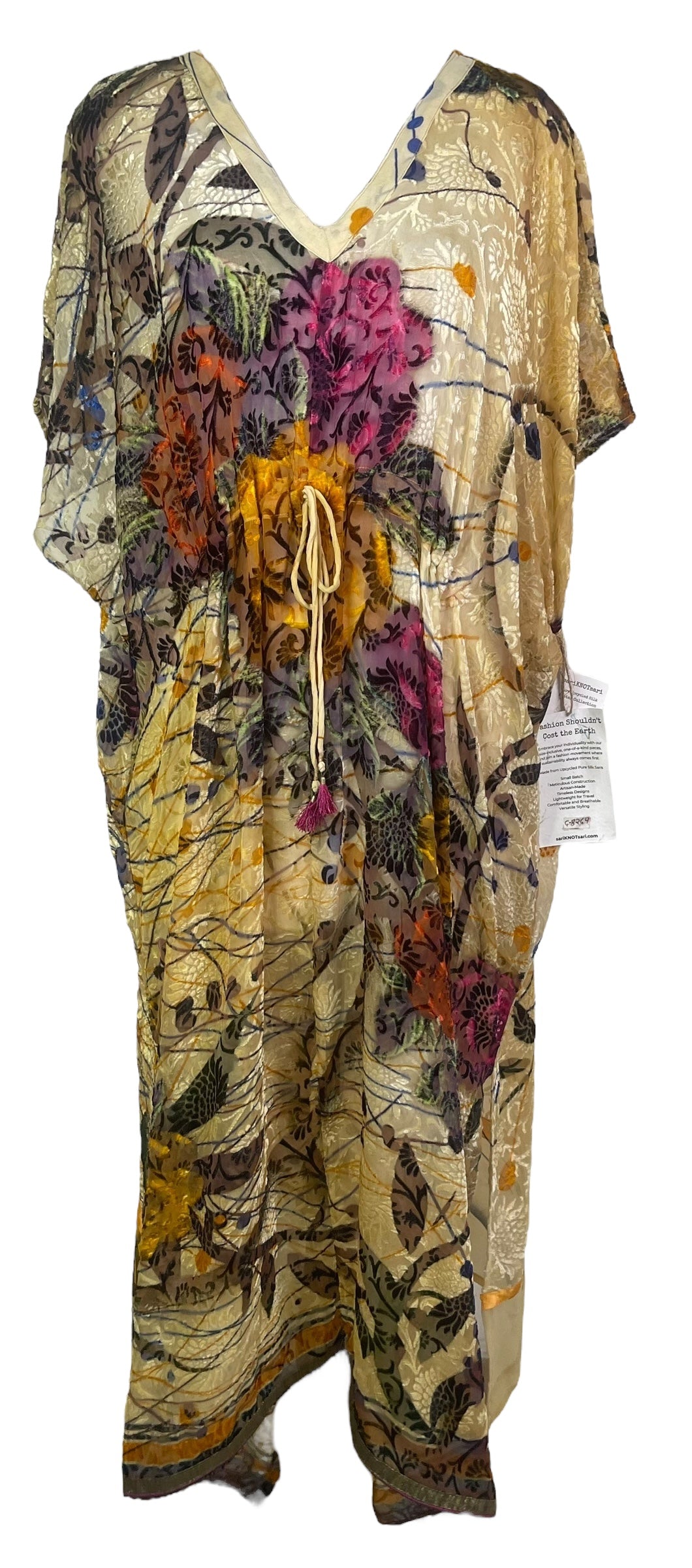 PRG8264 Sheer Avatar Pure Silk Maxi Kaftan by DECEMBER2025 – Handmade ethical Maxi Kaftan from sariKNOTsari using upcycled silk. Designed in Canada for travel and slow fashion, loved from Toronto to LA to Sydney.