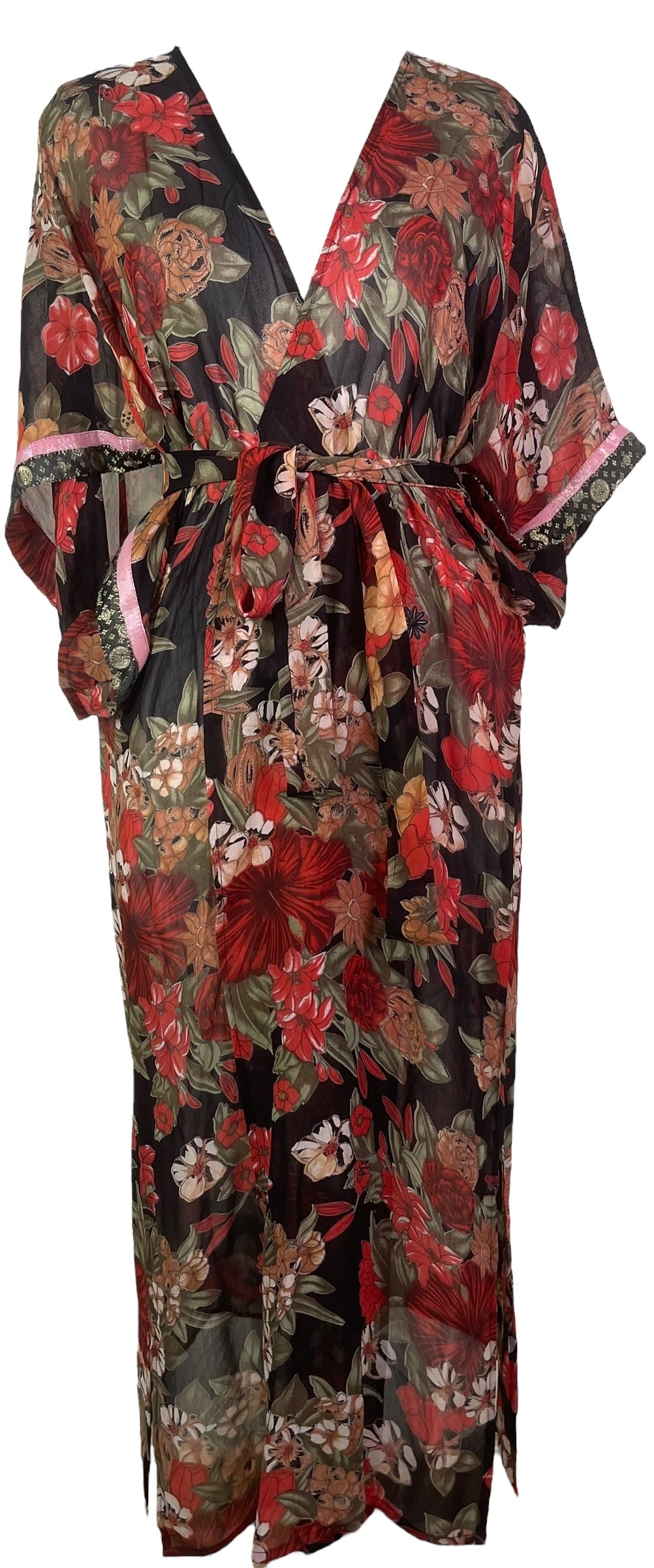 PRG8212 Sheer Wabi Sabi Pure Silk Kimono Sleeved Duster with Belt by DECEMBER2025 – Handmade ethical Long Kimono from sariKNOTsari using upcycled silk. Designed in Canada for travel and slow fashion, loved from Toronto to LA to Sydney.
