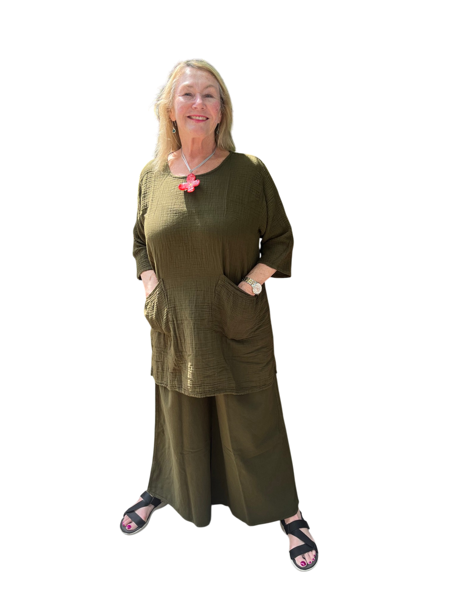Olive Cotton Palazzo Pants by Creative Design – Handmade ethical Pants/Skirt from sariKNOTsari using upcycled silk. Designed in Canada for travel and slow fashion, loved from Toronto to LA to Sydney. Featuring Zsiska, Bryn Walker and Artisan Leather coats by Rejean Pepin, Pepin designs