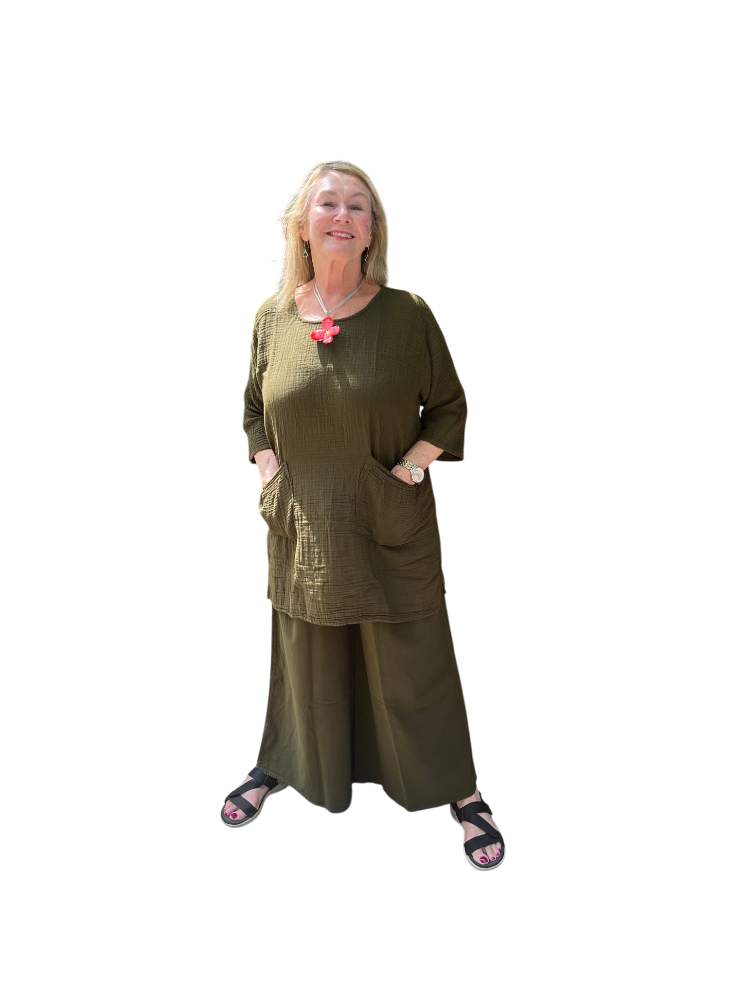 Olive Cotton Palazzo Pants by Creative Design – Handmade ethical Pants/Skirt from sariKNOTsari using upcycled silk. Designed in Canada for travel and slow fashion, loved from Toronto to LA to Sydney. Featuring Zsiska, Bryn Walker and Artisan Leather coats by Rejean Pepin, Pepin designs
