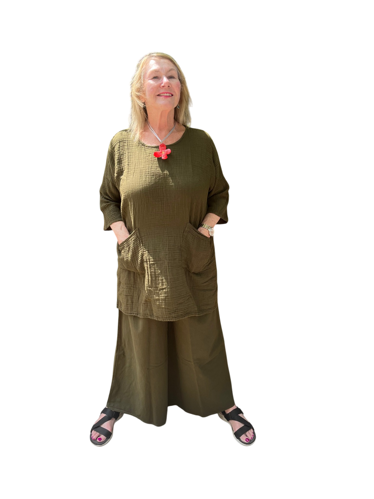 Olive Cotton Palazzo Pants by Creative Design – Handmade ethical Pants/Skirt from sariKNOTsari using upcycled silk. Designed in Canada for travel and slow fashion, loved from Toronto to LA to Sydney. Featuring Zsiska, Bryn Walker and Artisan Leather coats by Rejean Pepin, Pepin designs