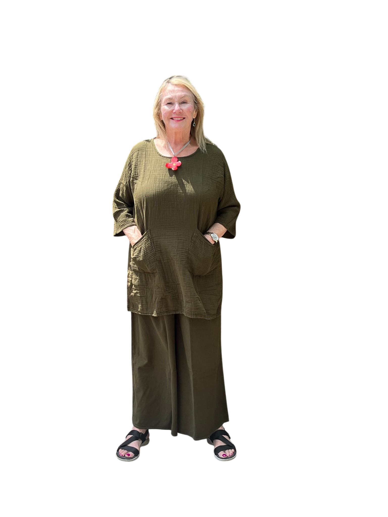 Olive Cotton Palazzo Pants by Creative Design – Handmade ethical Pants/Skirt from sariKNOTsari using upcycled silk. Designed in Canada for travel and slow fashion, loved from Toronto to LA to Sydney. Featuring Zsiska, Bryn Walker and Artisan Leather coats by Rejean Pepin, Pepin designs