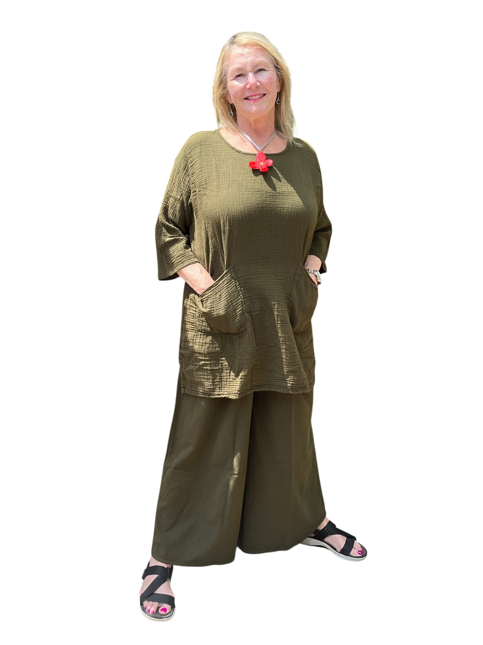 Olive Cotton Palazzo Pants by Creative Design – Handmade ethical Pants/Skirt from sariKNOTsari using upcycled silk. Designed in Canada for travel and slow fashion, loved from Toronto to LA to Sydney. Featuring Zsiska, Bryn Walker and Artisan Leather coats by Rejean Pepin, Pepin designs