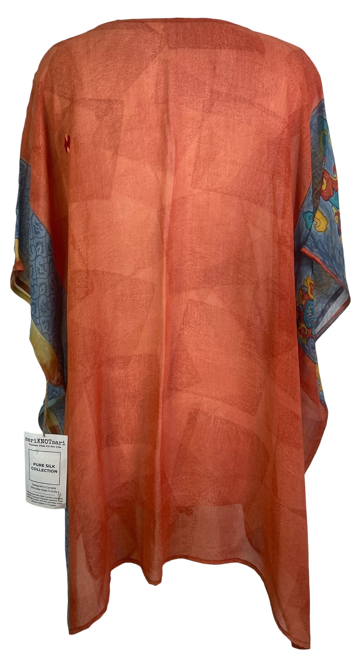 PRG8768 Sheer Avatar Pure Silk Short Kaftan Tunic with Slits by HOLD – Handmade ethical Short Kaftan from sariKNOTsari using upcycled silk. Designed in Canada for travel and slow fashion, loved from Toronto to LA to Sydney. Featuring Zsiska, Bryn Walker and Artisan Leather coats by Rejean Pepin, Pepin designs