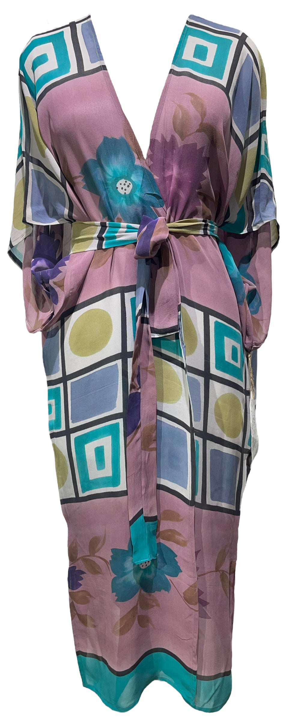 PRG3554 Sheer Avatar Long Pure Silk Kimono Sleevedd Duster with Belt