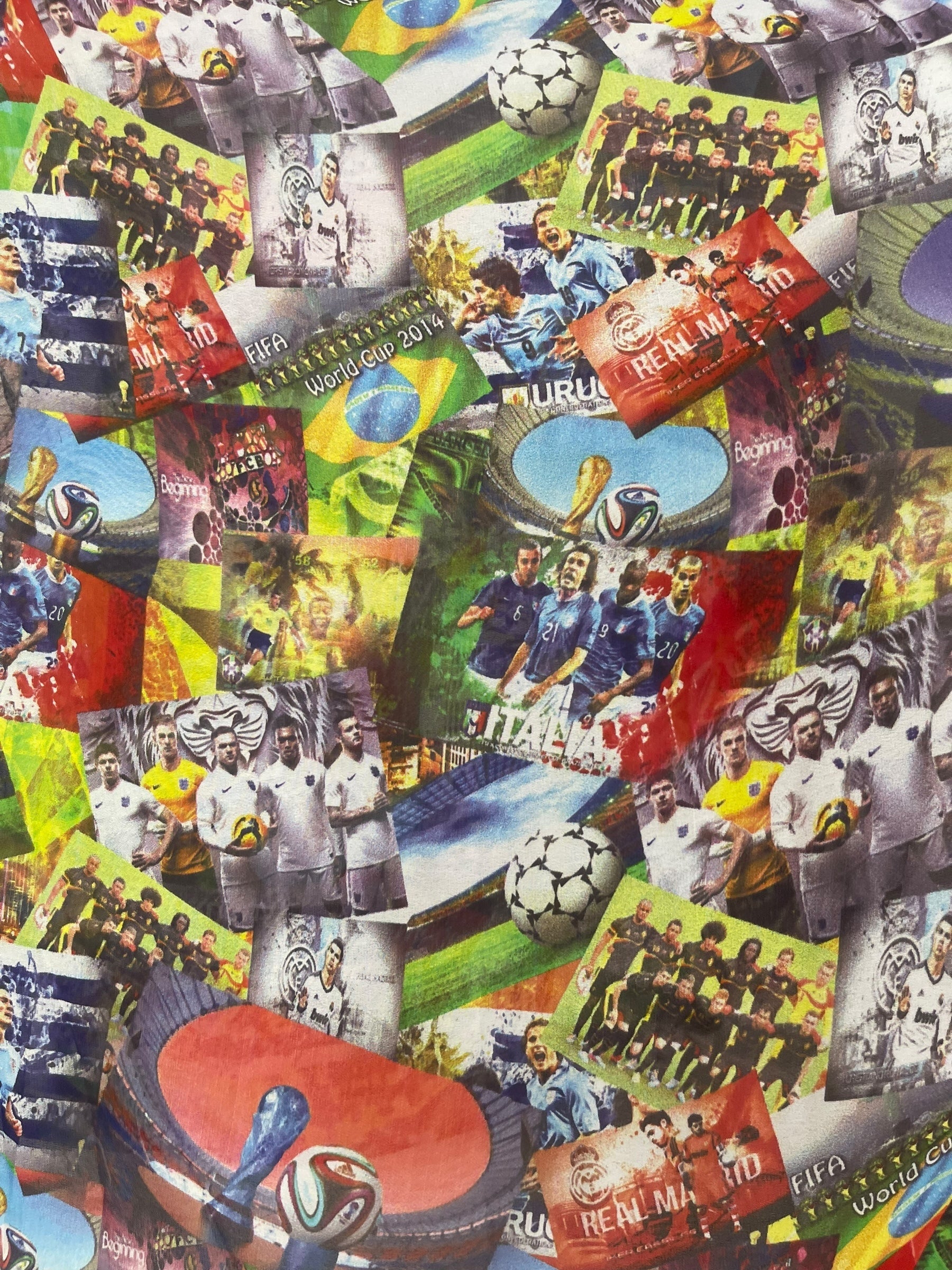 Collage of soccer-themed images including players, balls, and flags.