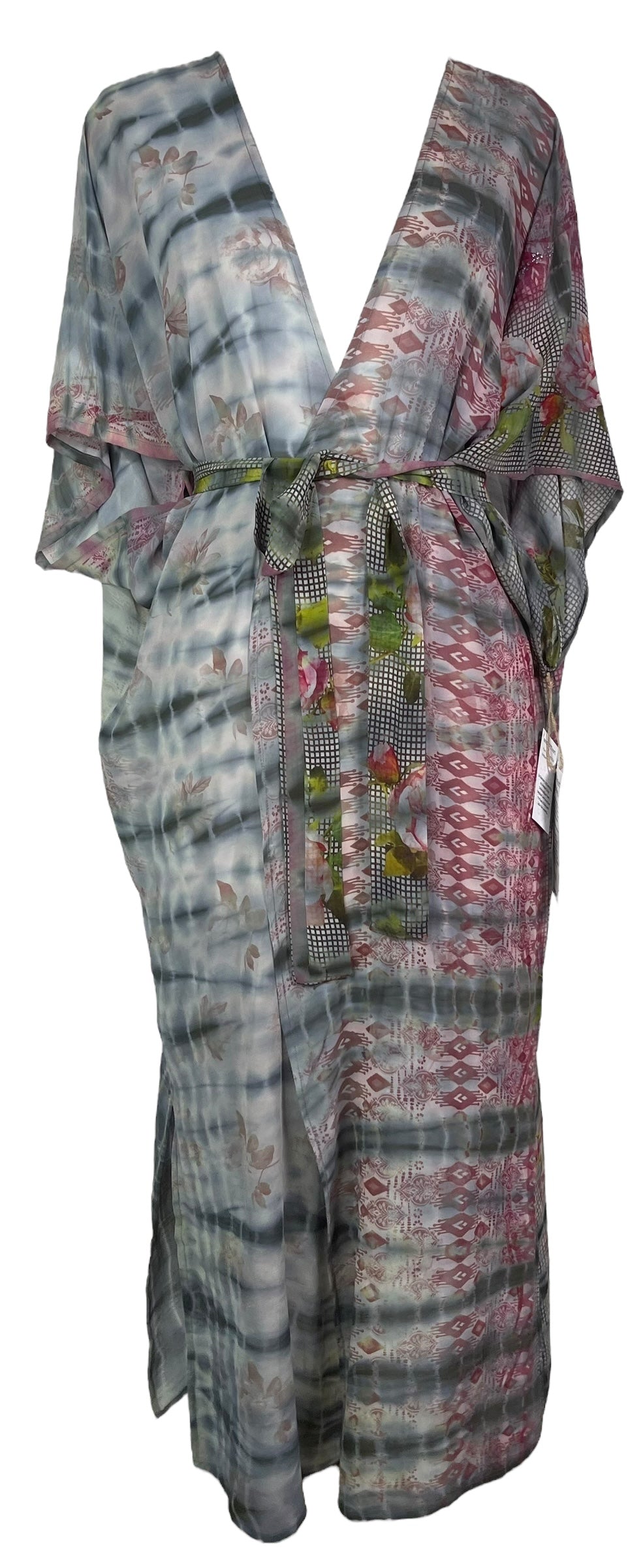 PRG8211 Sheer Avatar Long Pure Silk Kimono Sleeved Duster with Belt