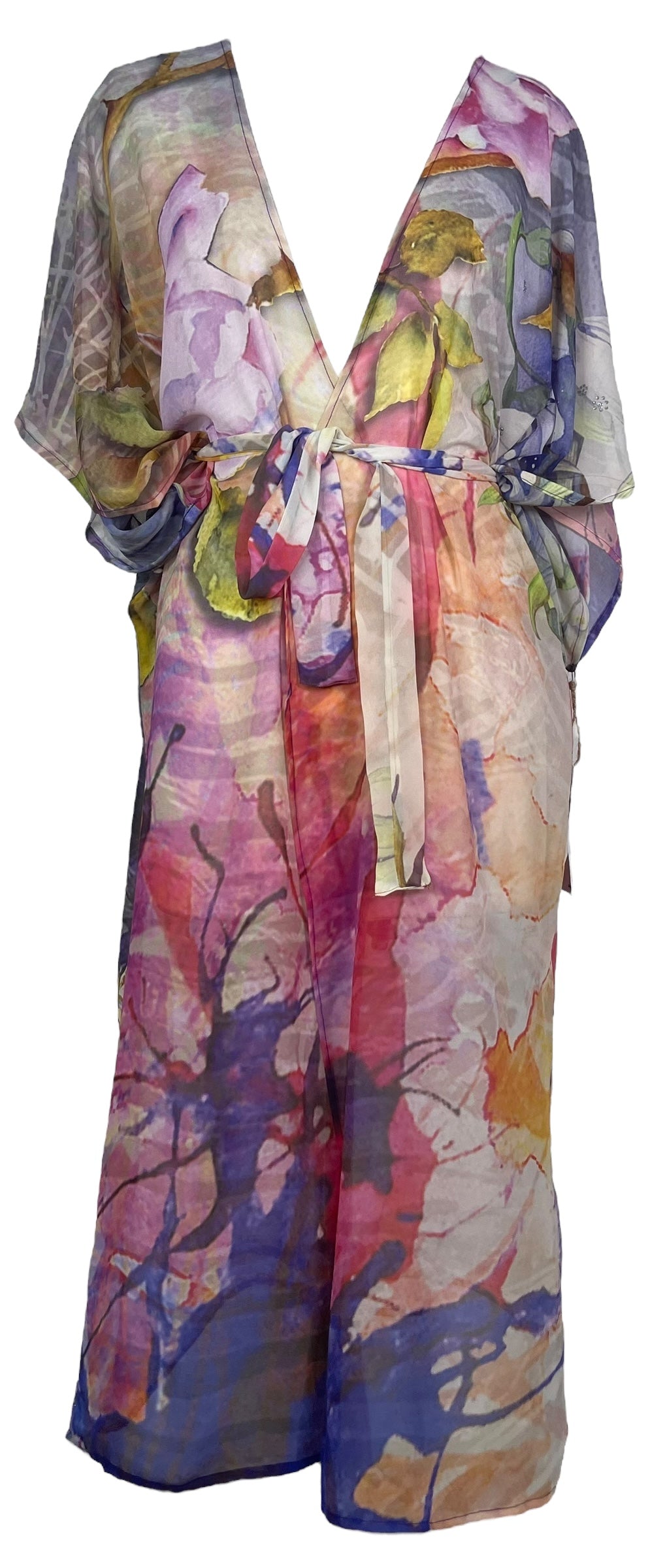 PRG8213 Sheer Avatar Long Pure Silk Kimono Sleeved Duster with Belt