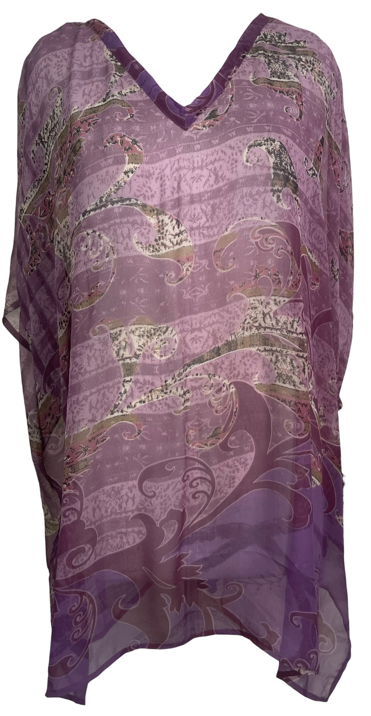 Purple patterned sleeveless top on a white background