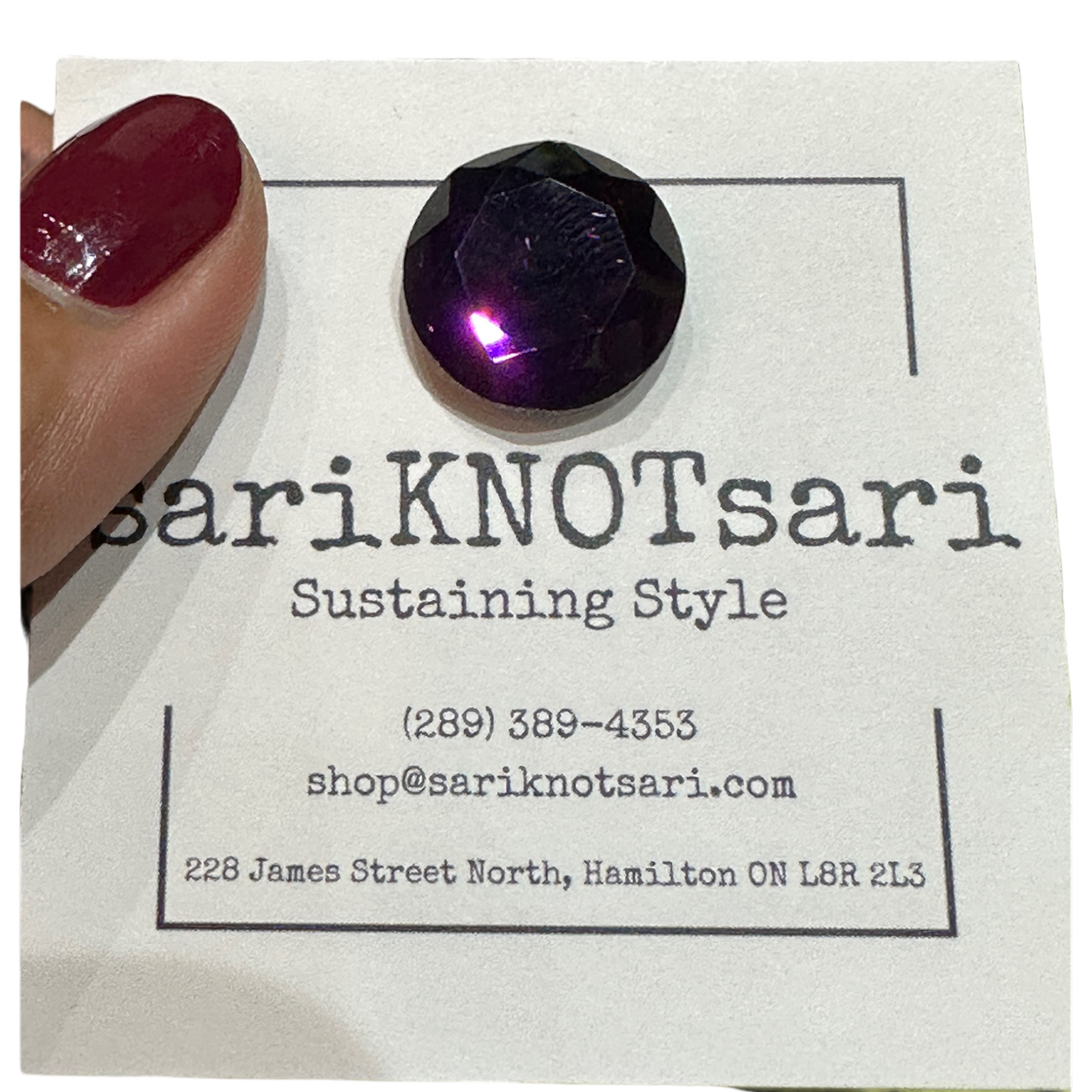 Opaque Faceted Purple Glass Magnetic Button by Magnet – Handmade ethical Brooch from sariKNOTsari using upcycled silk. Designed in Canada for travel and slow fashion, loved from Toronto to LA to Sydney. Featuring Zsiska, Bryn Walker and Artisan Leather coats by Rejean Pepin, Pepin designs