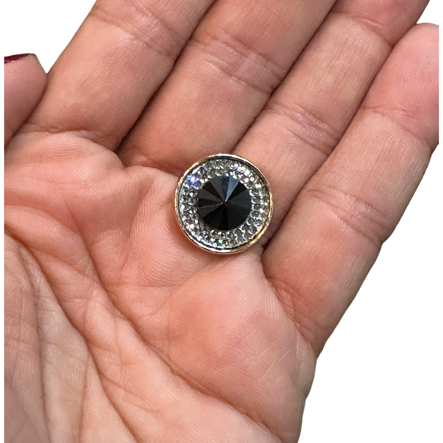 Black Gem with Rhinestones Magnetic Button by Magnet – Handmade ethical Brooch from sariKNOTsari using upcycled silk. Designed in Canada for travel and slow fashion, loved from Toronto to LA to Sydney. Featuring Zsiska, Bryn Walker and Artisan Leather coats by Rejean Pepin, Pepin designs