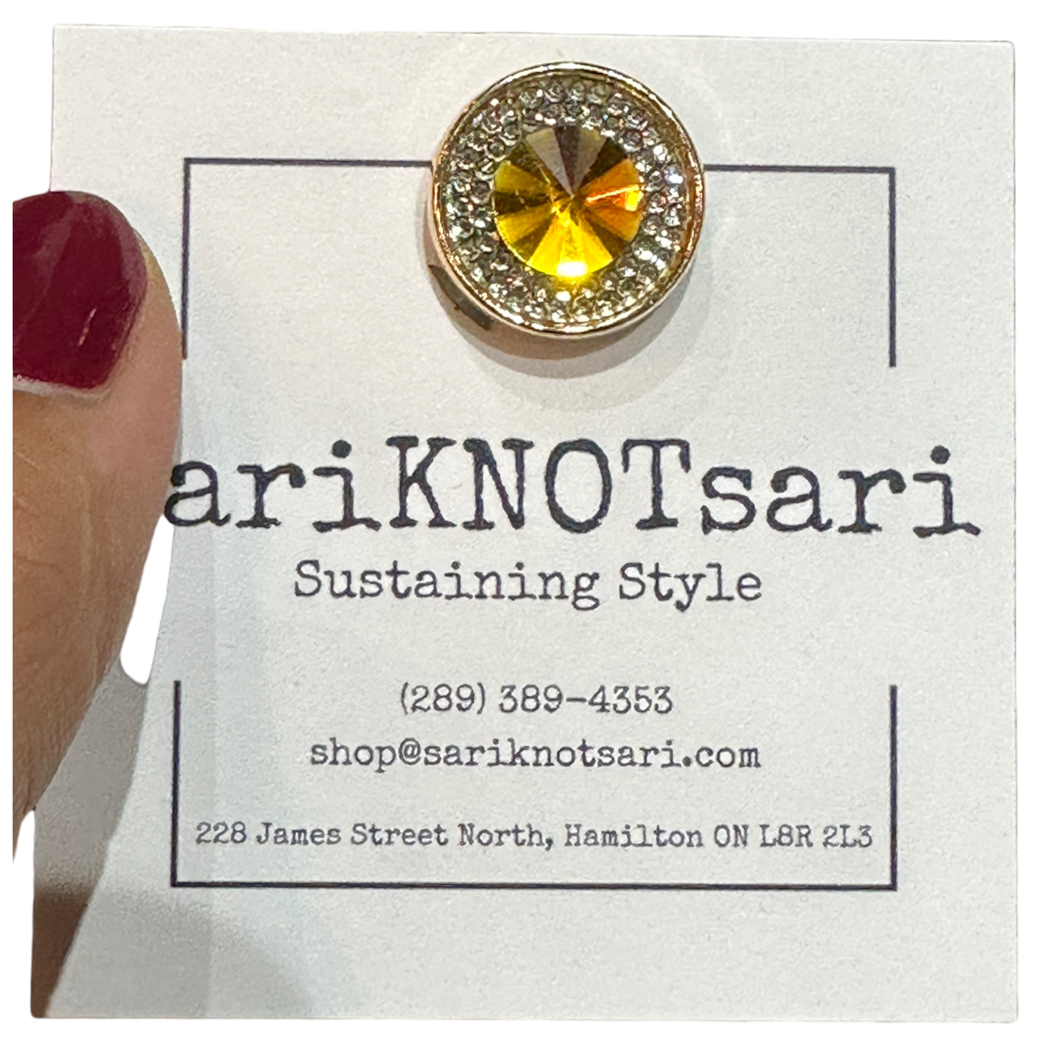 Yellow Gem with Rhinestones Magnetic Button by Magnet – Handmade ethical Brooch from sariKNOTsari using upcycled silk. Designed in Canada for travel and slow fashion, loved from Toronto to LA to Sydney. Featuring Zsiska, Bryn Walker and Artisan Leather coats by Rejean Pepin, Pepin designs
