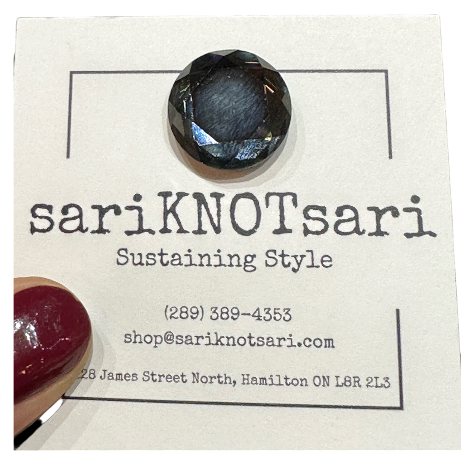 Opaque Faceted Grey Glass Magnetic Button by Magnet – Handmade ethical Brooch from sariKNOTsari using upcycled silk. Designed in Canada for travel and slow fashion, loved from Toronto to LA to Sydney. Featuring Zsiska, Bryn Walker and Artisan Leather coats by Rejean Pepin, Pepin designs