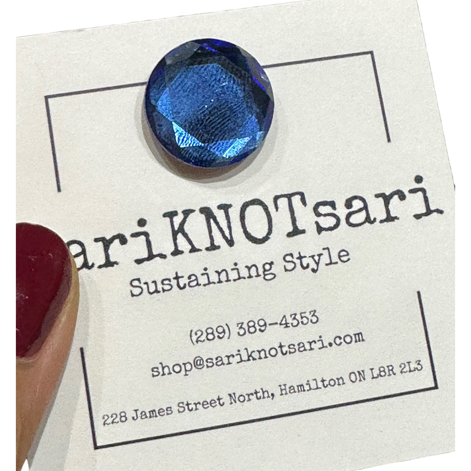 Opaque Faceted Sky Blue Glass Magnetic Button by Magnet – Handmade ethical Brooch from sariKNOTsari using upcycled silk. Designed in Canada for travel and slow fashion, loved from Toronto to LA to Sydney. Featuring Zsiska, Bryn Walker and Artisan Leather coats by Rejean Pepin, Pepin designs