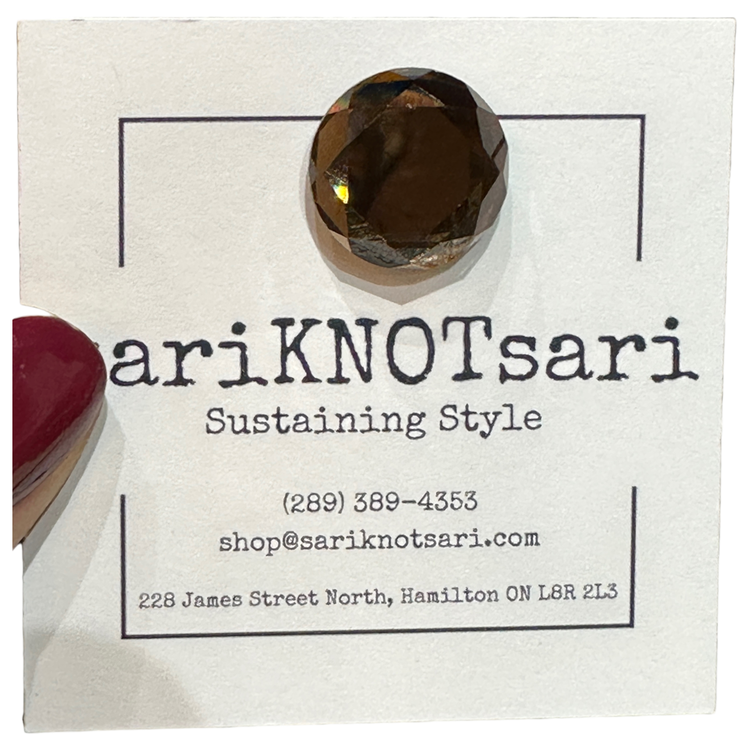 Opaque Faceted Brown Glass Magnetic Button by Magnet – Handmade ethical Brooch from sariKNOTsari using upcycled silk. Designed in Canada for travel and slow fashion, loved from Toronto to LA to Sydney. Featuring Zsiska, Bryn Walker and Artisan Leather coats by Rejean Pepin, Pepin designs