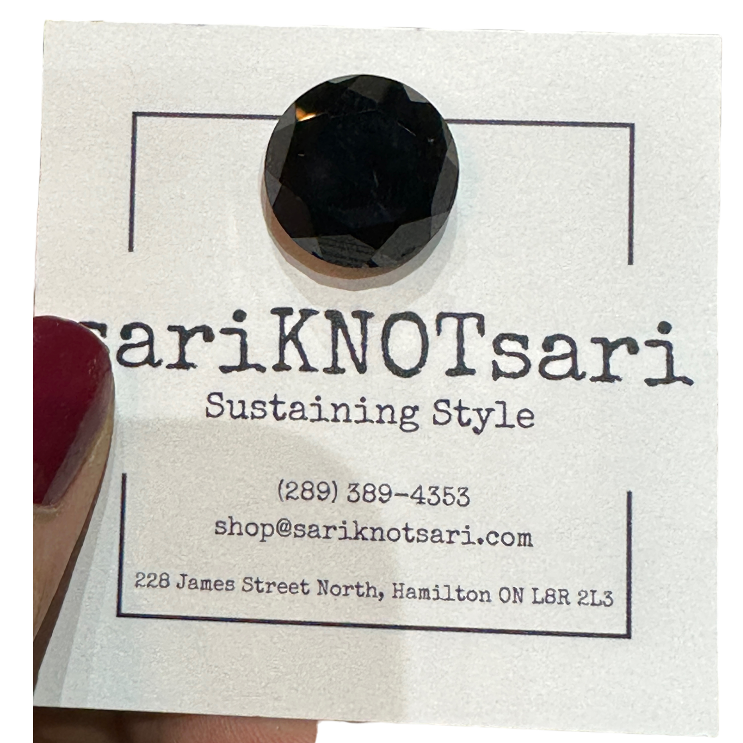 Opaque Faceted Black Glass Magnetic Button by Magnet – Handmade ethical Brooch from sariKNOTsari using upcycled silk. Designed in Canada for travel and slow fashion, loved from Toronto to LA to Sydney.