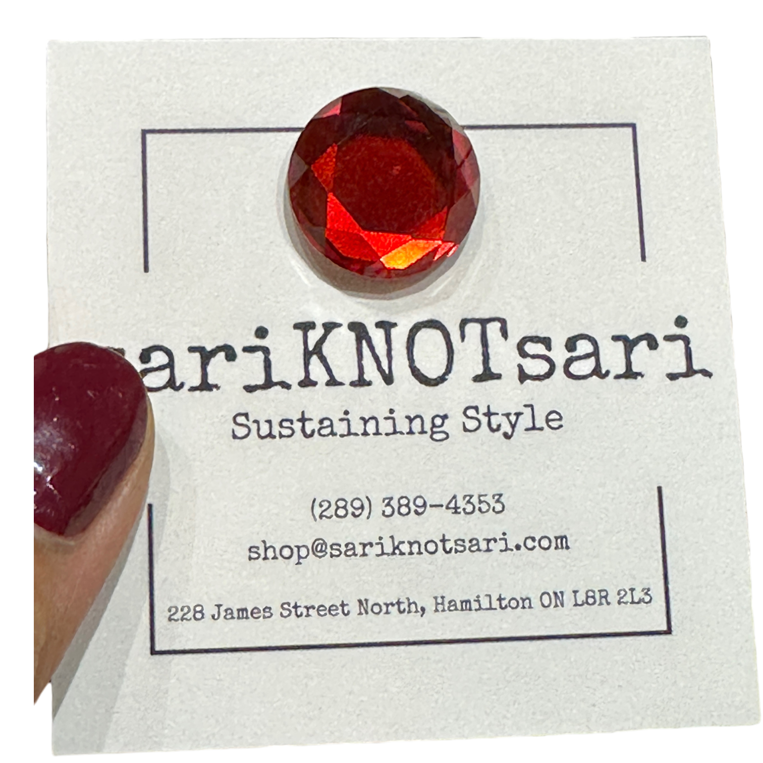 Opaque Faceted Red Glass Magnetic Button by Magnet – Handmade ethical Brooch from sariKNOTsari using upcycled silk. Designed in Canada for travel and slow fashion, loved from Toronto to LA to Sydney.