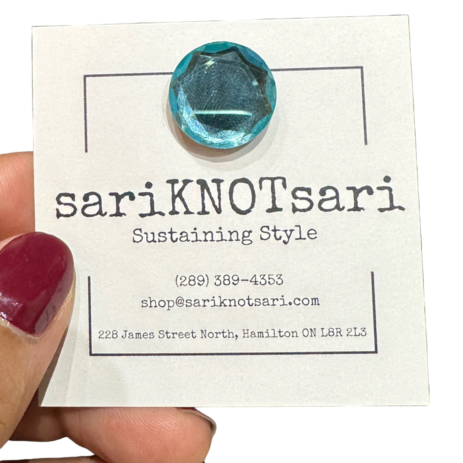 Opaque Faceted Cyan Glass Magnetic Button by Magnet – Handmade ethical Brooch from sariKNOTsari using upcycled silk. Designed in Canada for travel and slow fashion, loved from Toronto to LA to Sydney. Featuring Zsiska, Bryn Walker and Artisan Leather coats by Rejean Pepin, Pepin designs