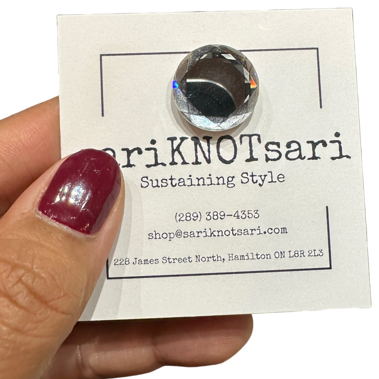 Opaque Faceted White Glass Magnetic Button by Magnet – Handmade ethical Brooch from sariKNOTsari using upcycled silk. Designed in Canada for travel and slow fashion, loved from Toronto to LA to Sydney.