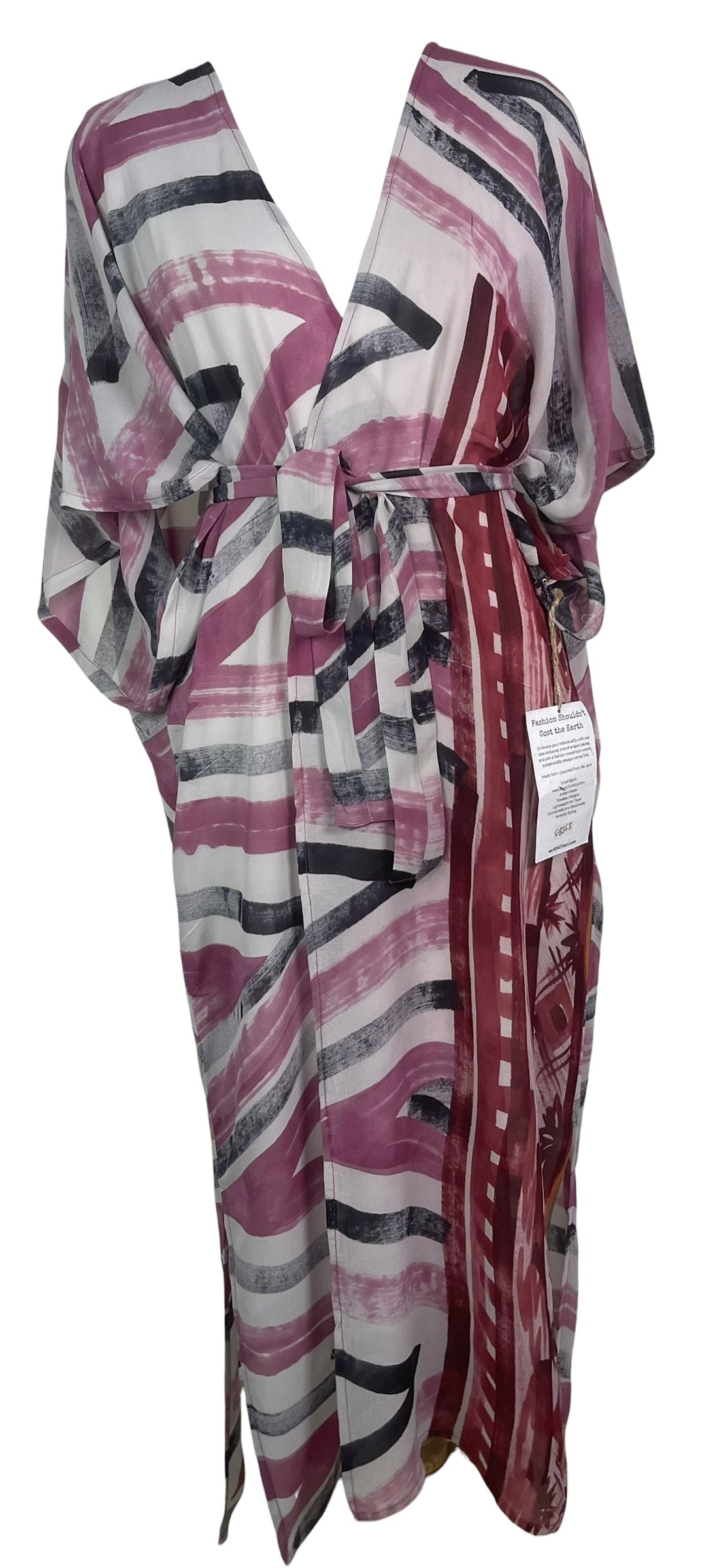 PREVIEW PRG8563 Sheer Avatar Long Pure Silk Kimono Sleeved Duster with Belt by FEBRUARY2026 – Handmade ethical Long Kimono from sariKNOTsari using upcycled silk. Designed in Canada for travel and slow fashion, loved from Toronto to LA to Sydney.