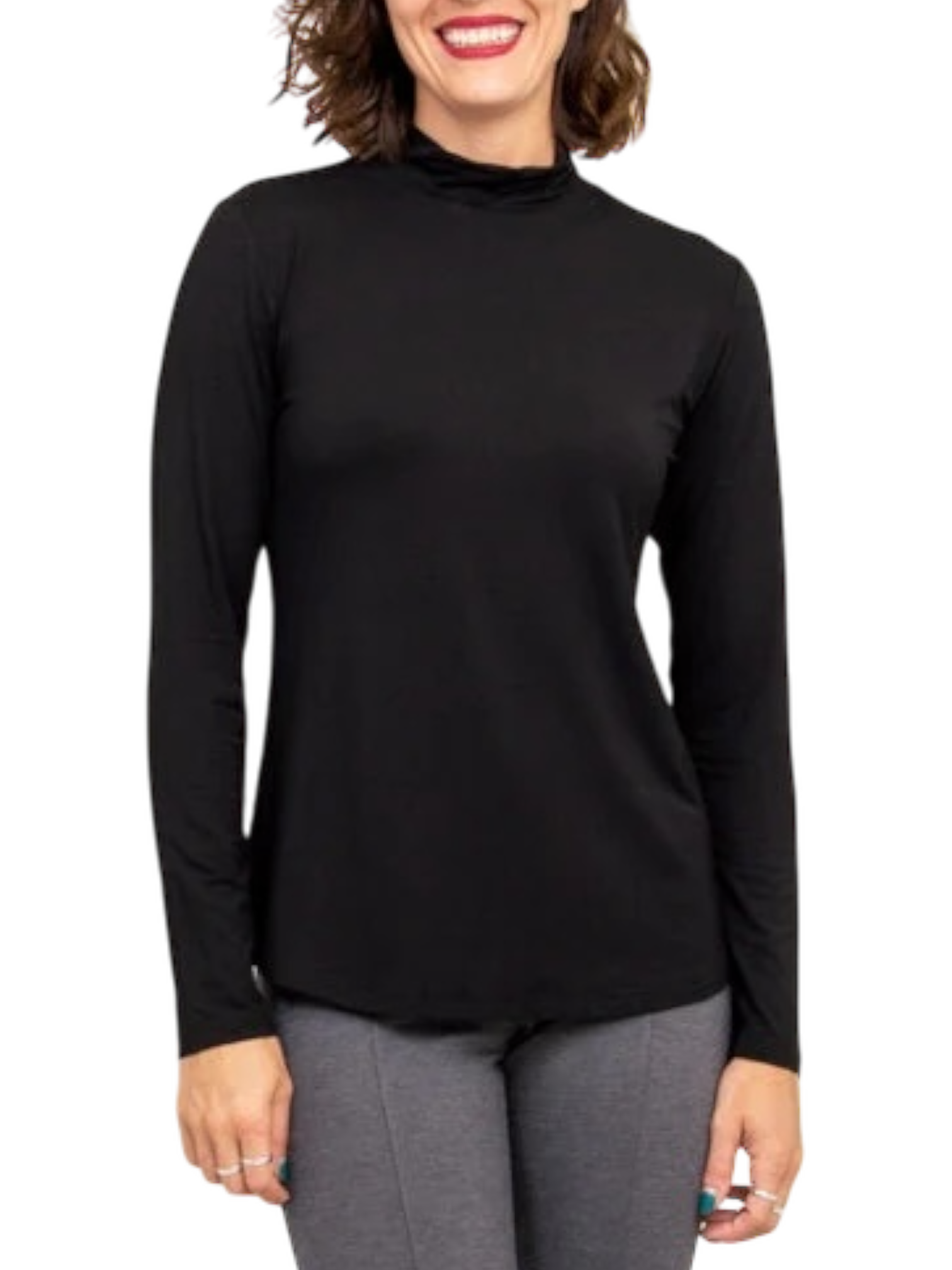 Tonya Black Bamboo Mock Neck Top by Blue Sky Clothing Co – Handmade ethical Top from sariKNOTsari using upcycled silk. Designed in Canada for travel and slow fashion, loved from Toronto to LA to Sydney.