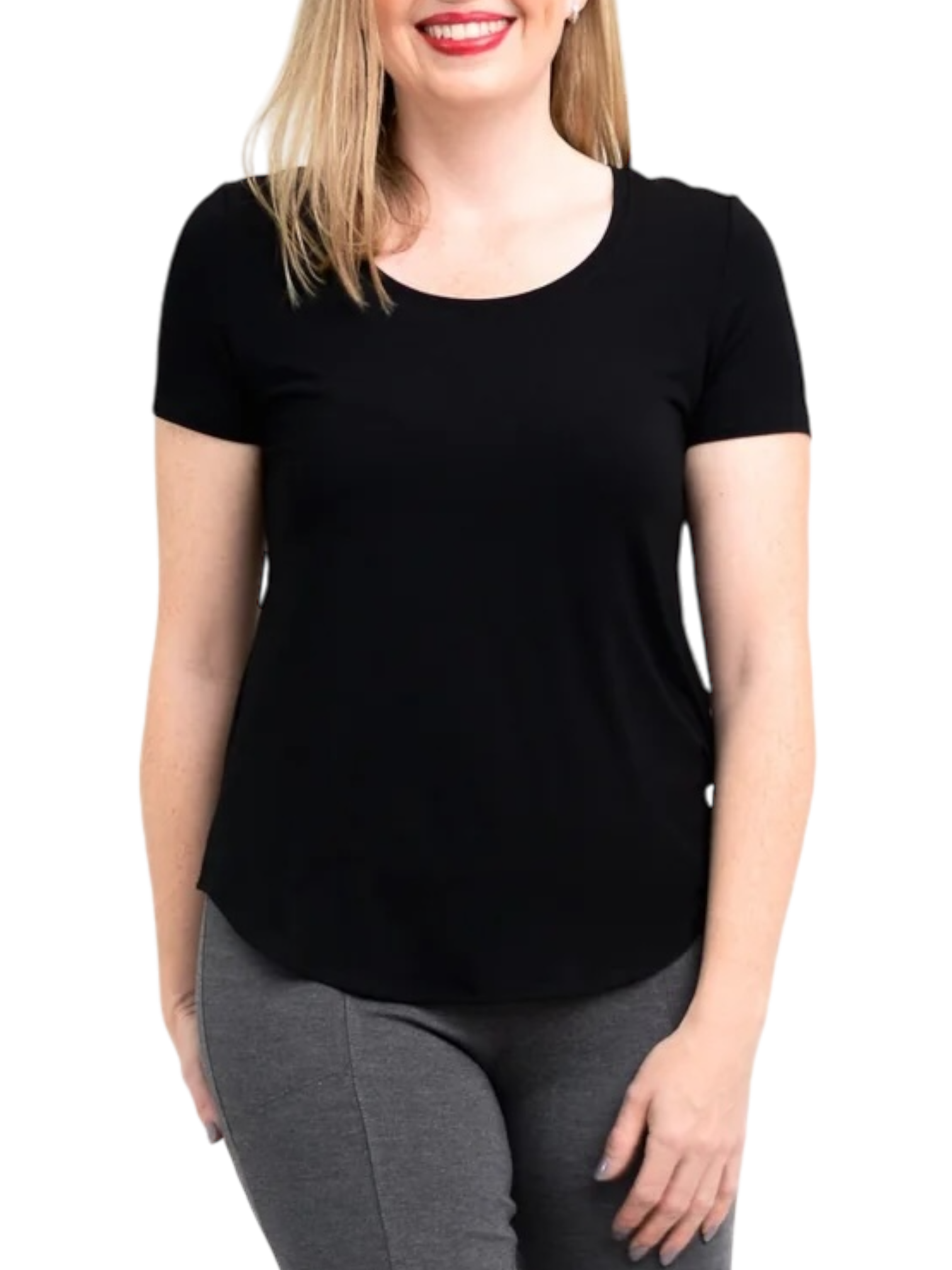 Tessa Black Bamboo Tee Shirt by Blue Sky Clothing Co – Handmade ethical Short Sleeved Top from sariKNOTsari using upcycled silk. Designed in Canada for travel and slow fashion, loved from Toronto to LA to Sydney.