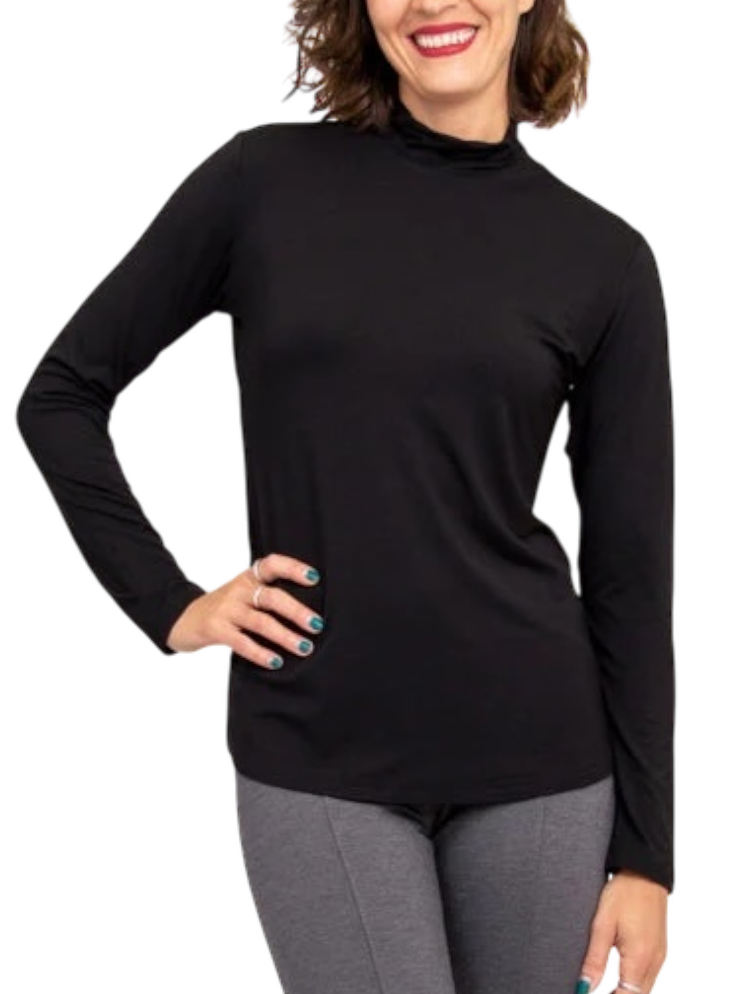 Tonya Black Bamboo Mock Neck Top by Blue Sky Clothing Co – Handmade ethical Top from sariKNOTsari using upcycled silk. Designed in Canada for travel and slow fashion, loved from Toronto to LA to Sydney.